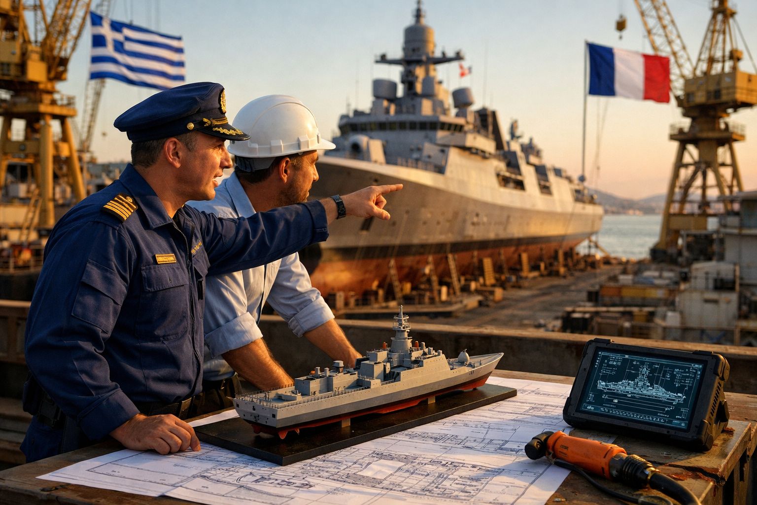 Dois homens, um naval e um engenheiro, analisam planos e modelo de navio num estaleiro naval ao pôr do sol.