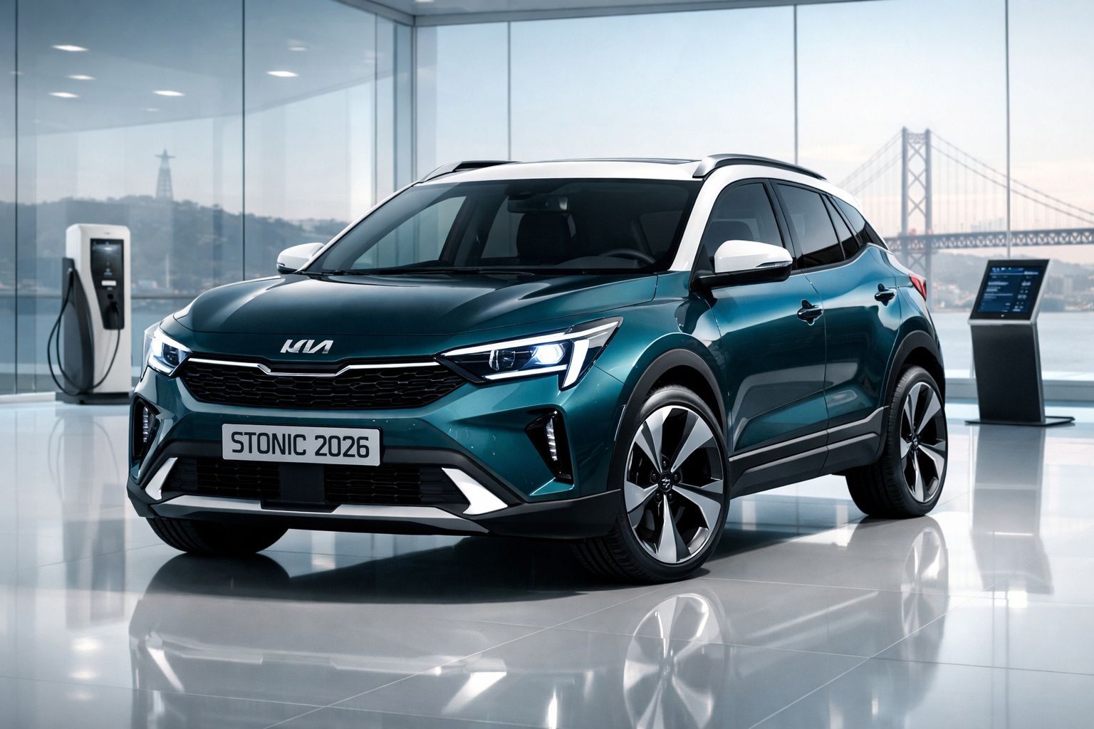 SUV Kia Stonic 2026 verde escuro estacionado numa garagem moderna com carregador elétrico, vista de frente.