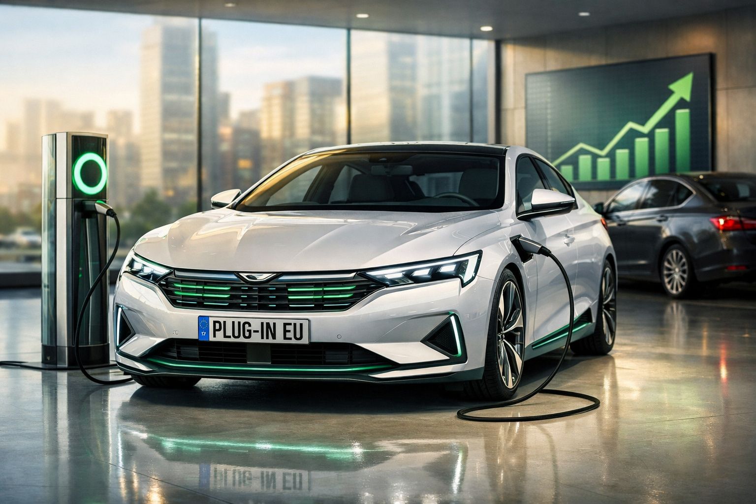 Carro elétrico branco a carregar numa estação de carregamento dentro de edifício moderno com gráfico ascendente.