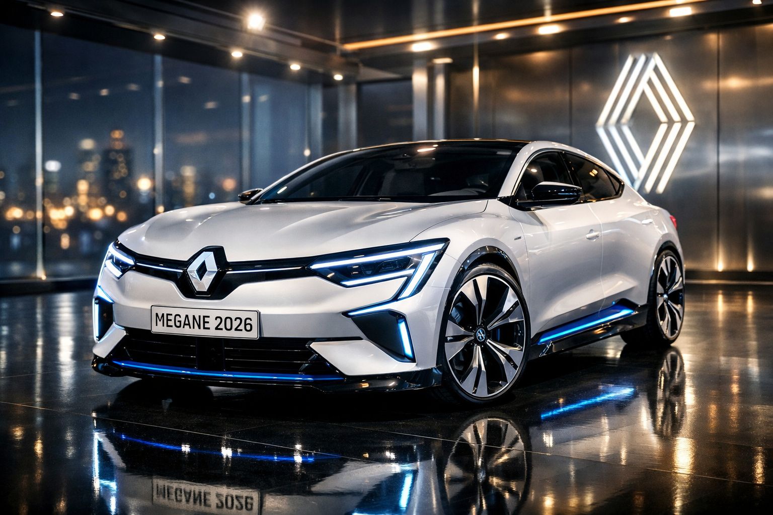 Carro eléctrico Renault Megane 2026 branco em showroom moderno com luzes LED e reflexos no chão.