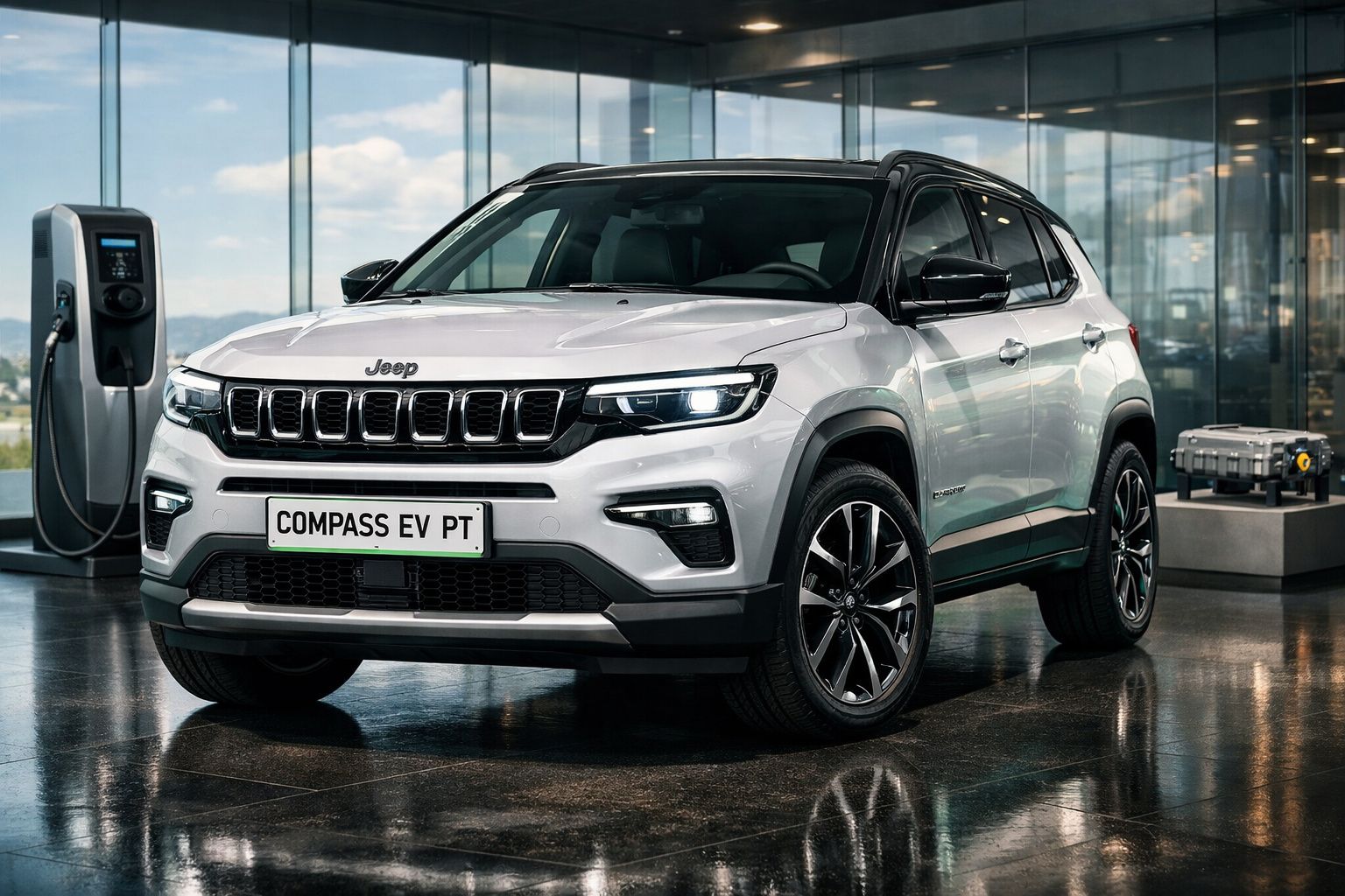 Jeep Compass EV PT elétrico branco estacionado em showroom, com posto de carregamento ao lado.