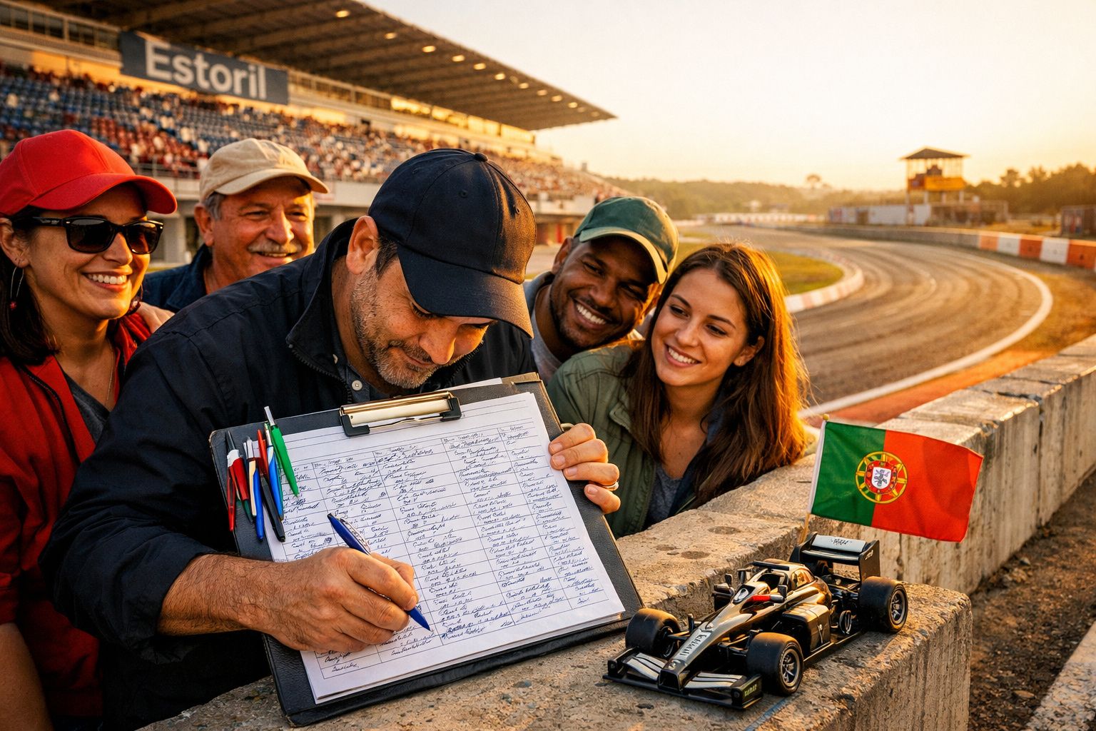Grupo de pessoas sorridentes num autódromo com homem a assinar lista e miniatura de carro de corrida com bandeira de Portugal