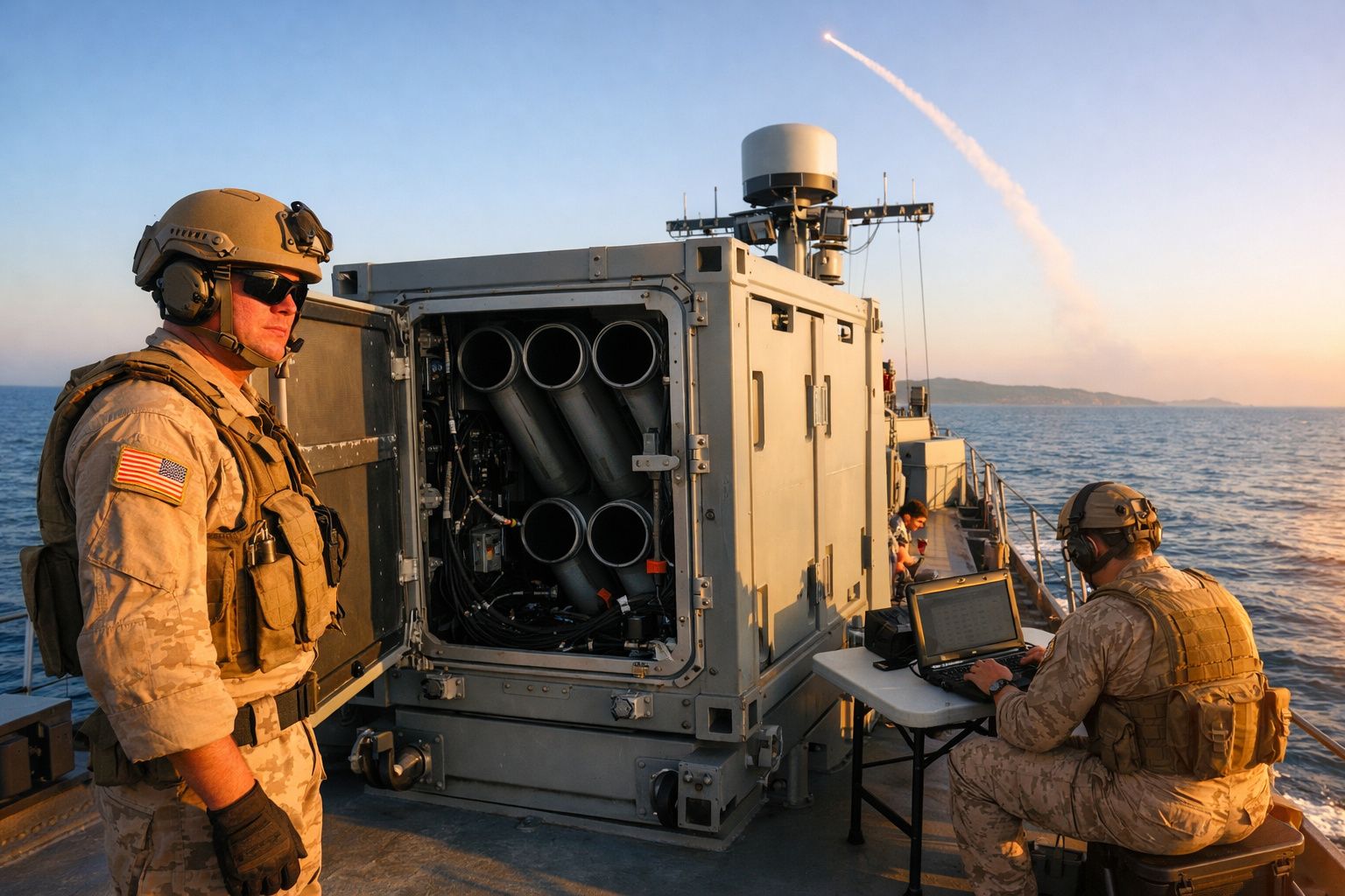 Dois militares em uniforme e capacete operam equipamento militar num navio no mar ao pôr do sol.