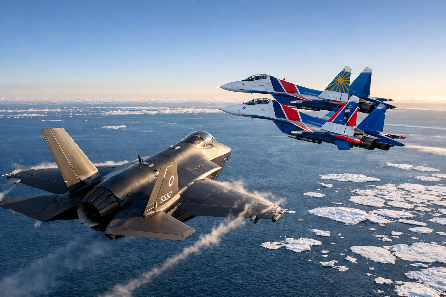 Três caças militares a voar juntos sobre o oceano com blocos de gelo à superfície ao pôr do sol.