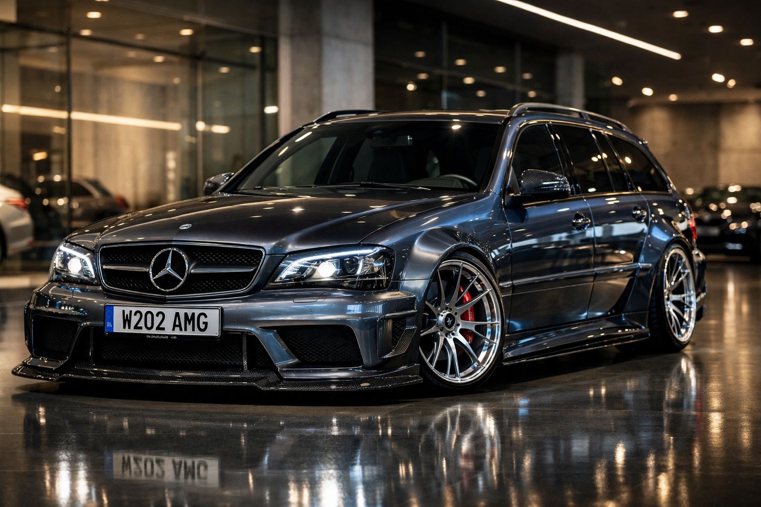 Mercedes-Benz AMG W202 station wagon cinzento metalizado em garagem com luzes refletidas no chão.