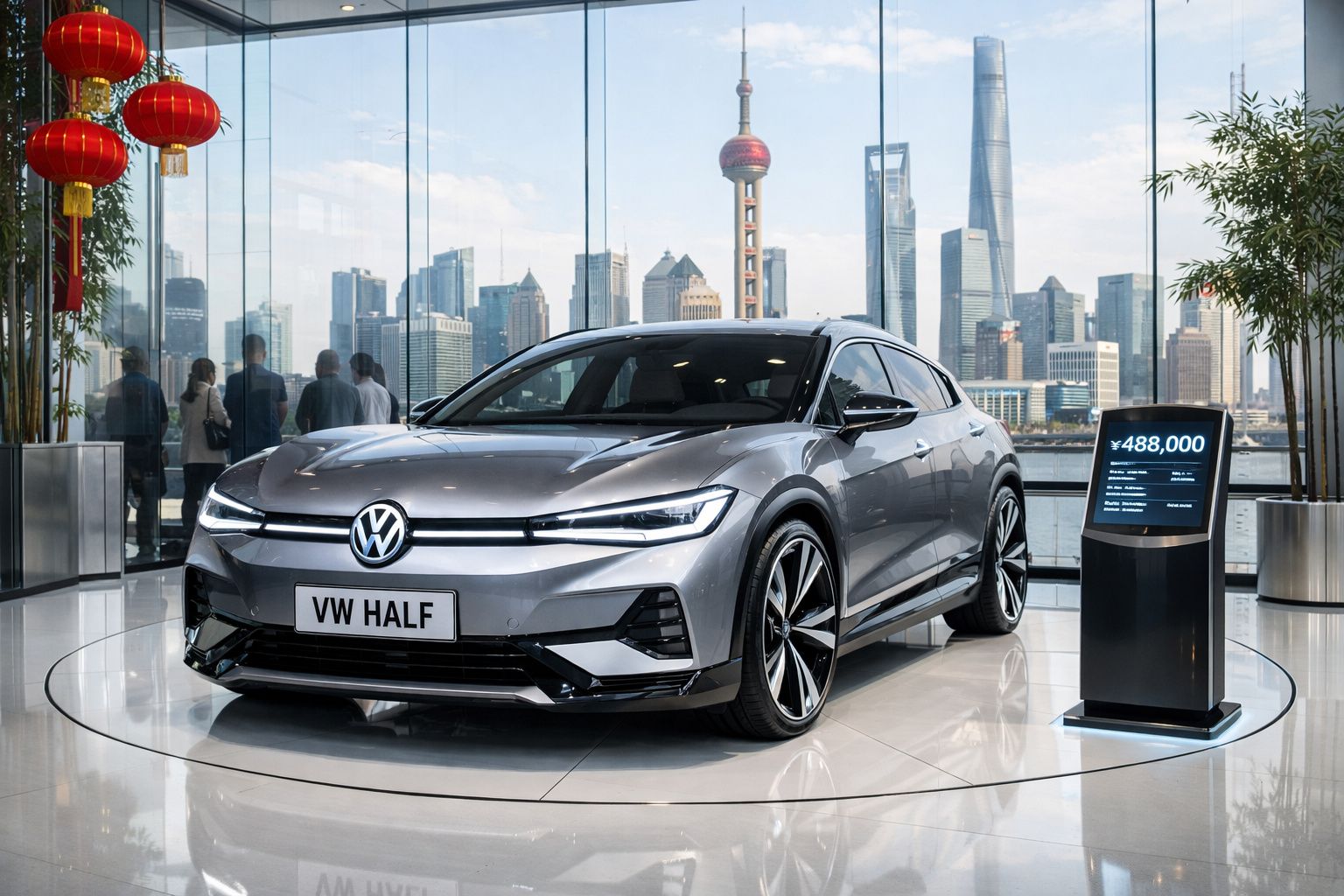 Carro elétrico Volkswagen cinzento exposto em salão moderno com vista urbana ao fundo.