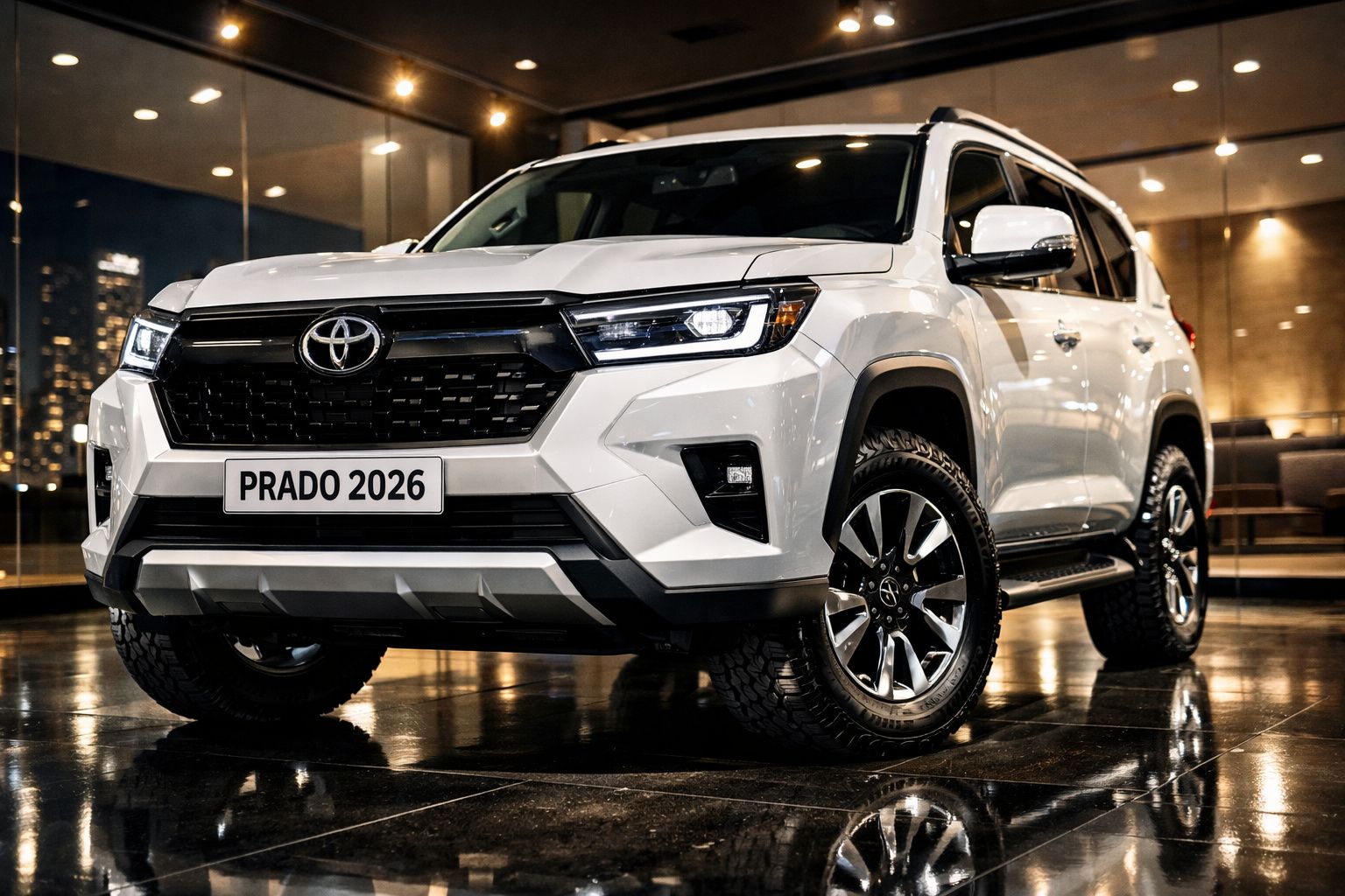 Toyota Prado 2026 branco estacionado, visto de frente, em ambiente urbano moderno e iluminado à noite.