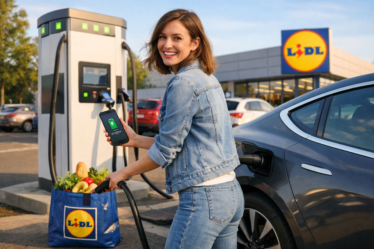 Mulher a carregar carro elétrico num posto Lidl, com saco de compras cheio de fruta e legumes.