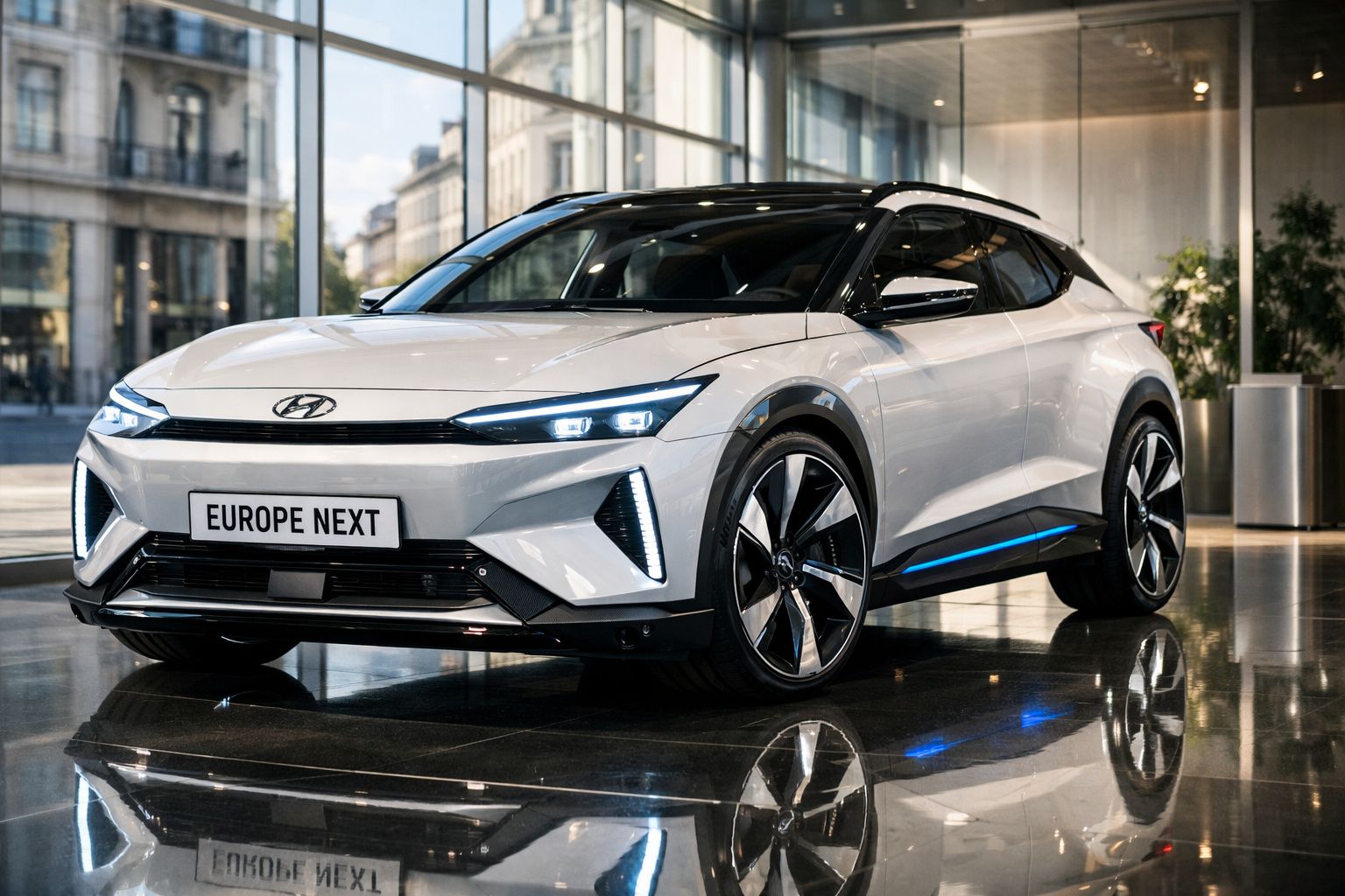 Carro elétrico branco Hyundai Ioniq 6 com design moderno estacionado em espaço interior elegante.