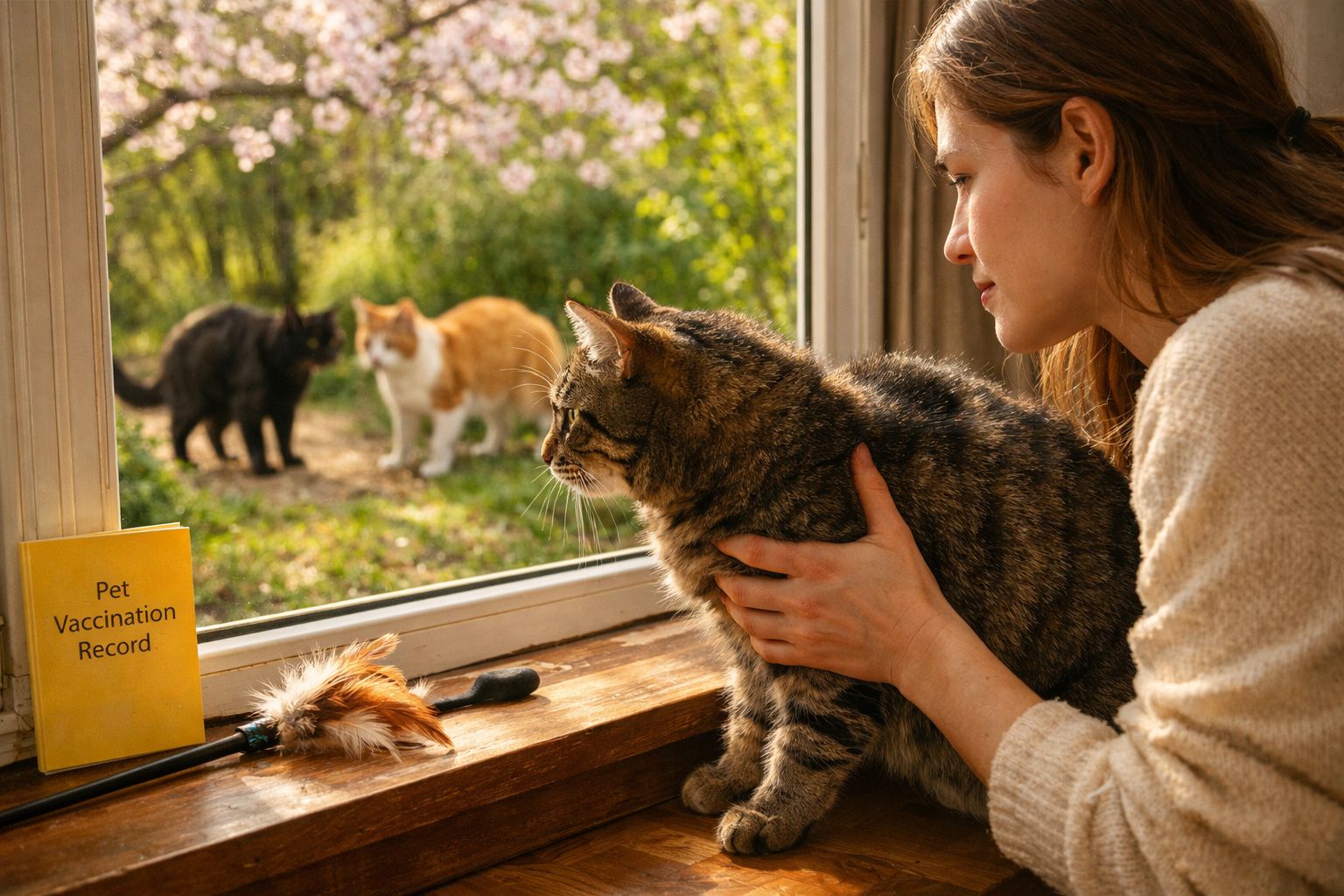 Mulher segura gato junto à janela enquanto observa três gatos no jardim iluminado pelo sol.