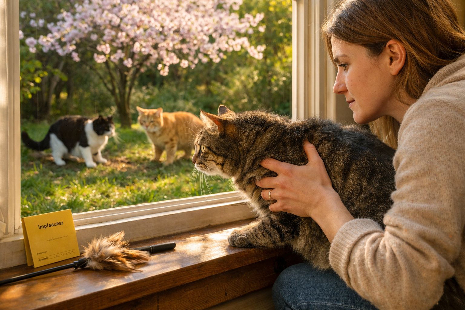 Mulher segura gato junto a janela aberta enquanto observam outros dois gatos no jardim ensolarado.