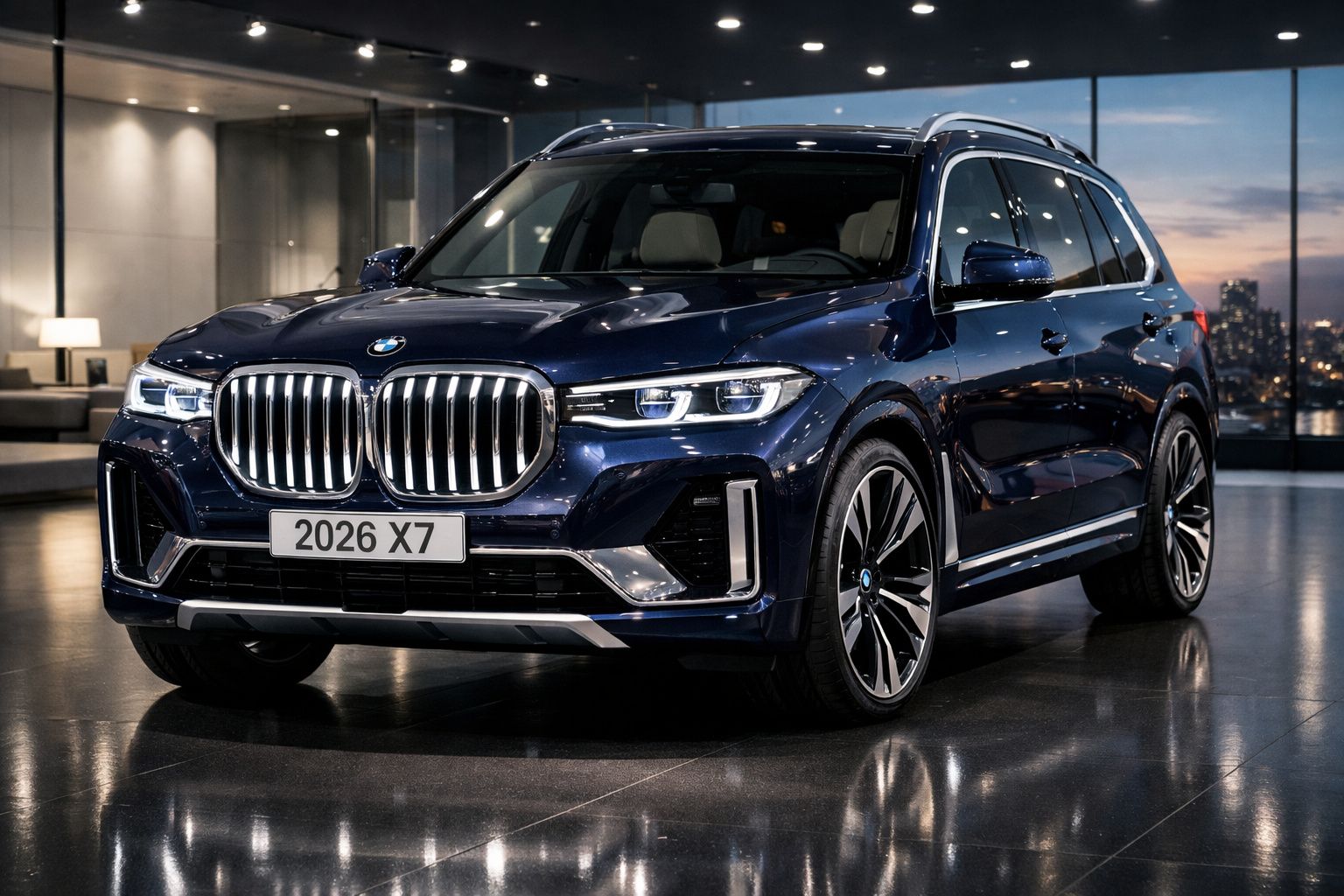 Carro SUV BMW X7 azul escuro estacionado em espaço interior moderno com grandes janelas.