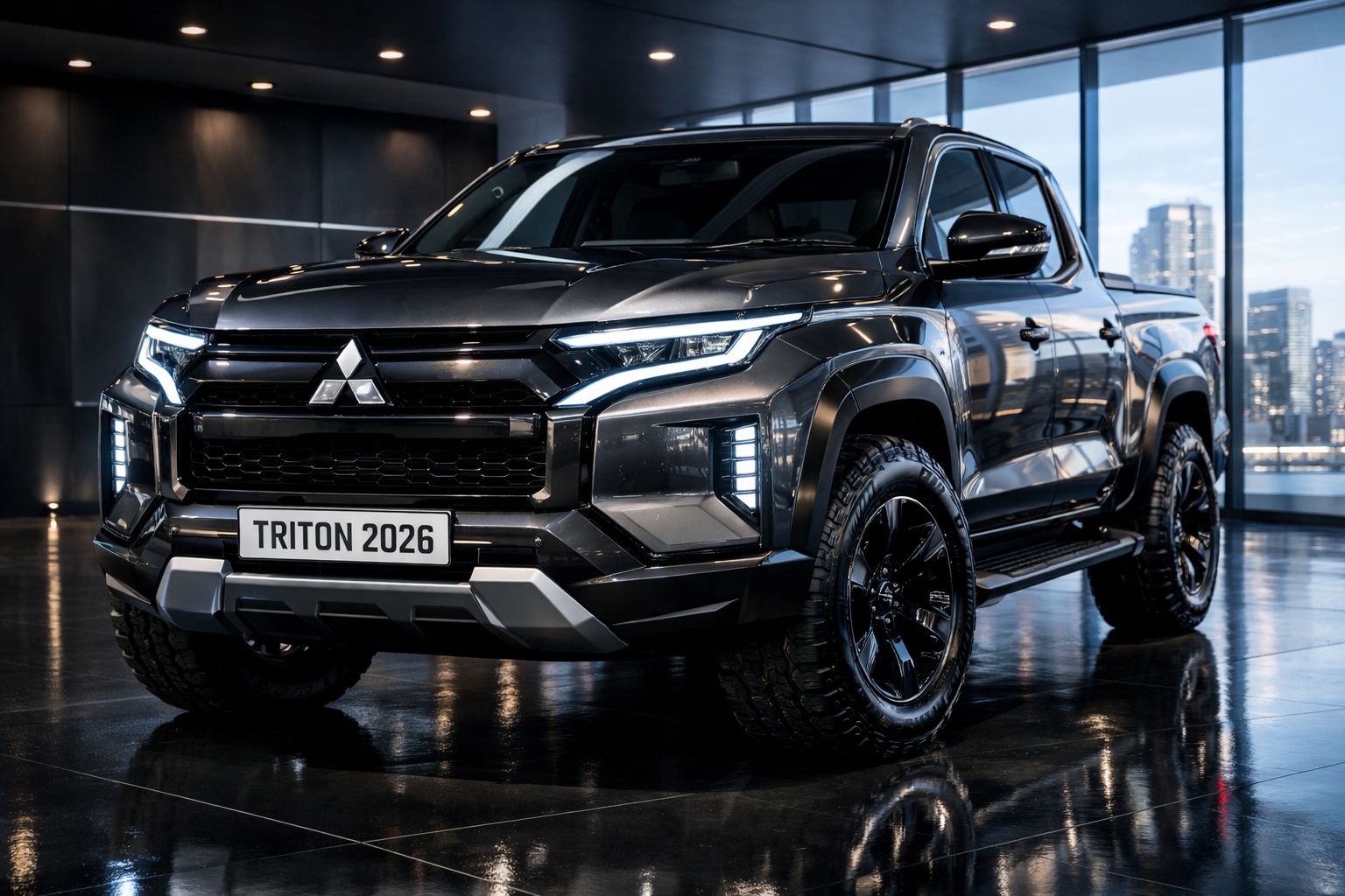 Pick-up preta Mitsubishi Triton 2026 exposta em showroom moderno com grandes janelas.