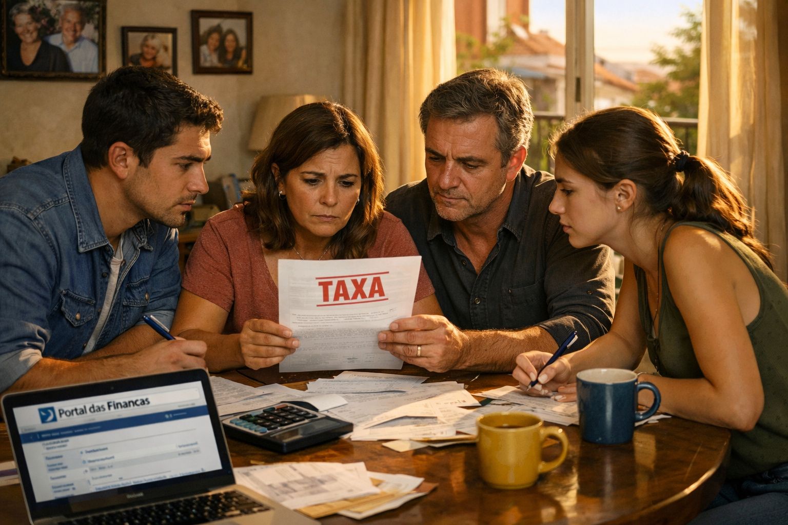 Família preocupada analisa documentos de taxas e contas numa mesa cheia de papéis e calculadora.