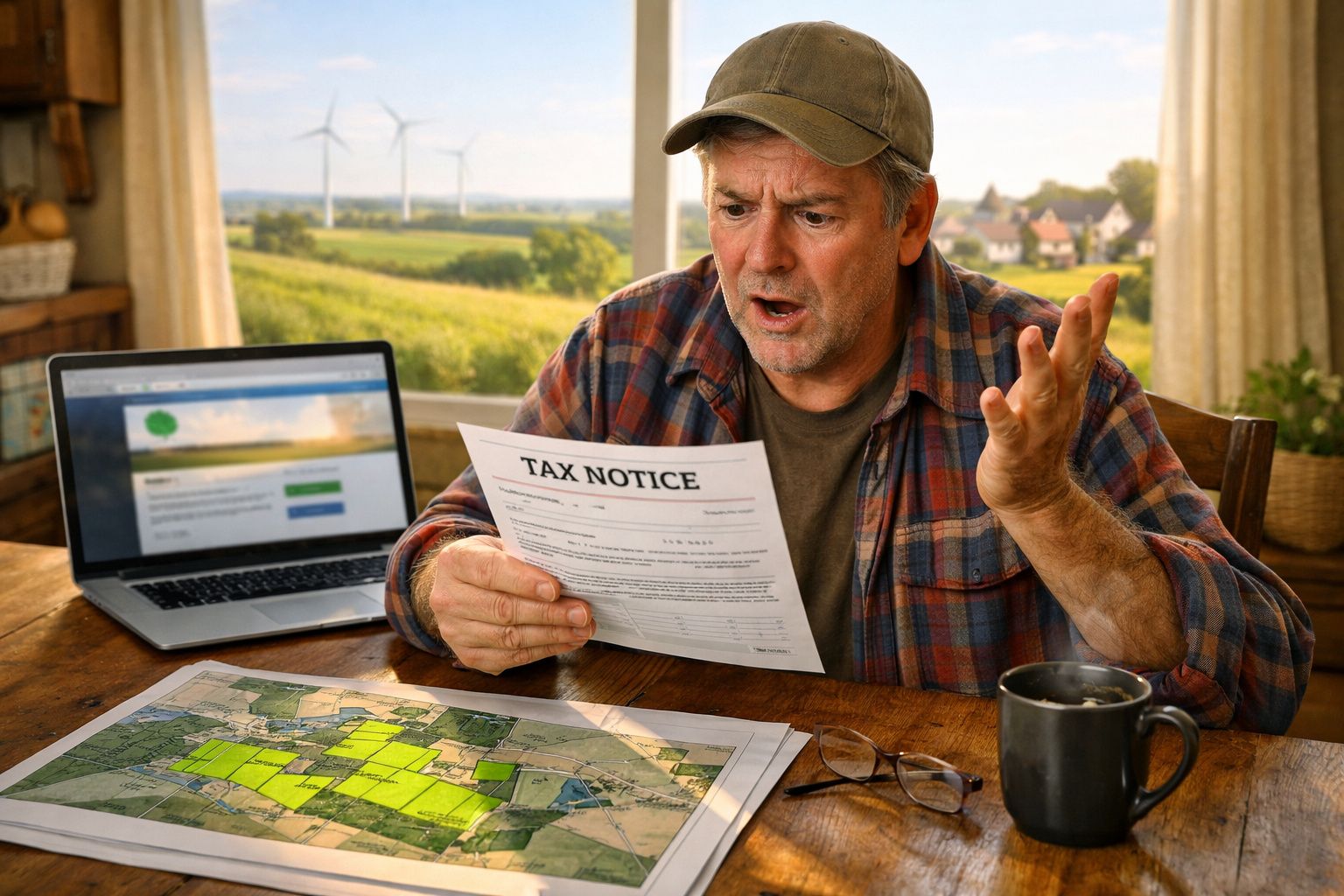Homem surpreendido a ler notificação fiscal numa mesa com mapa, computador e paisagem rural ao fundo.