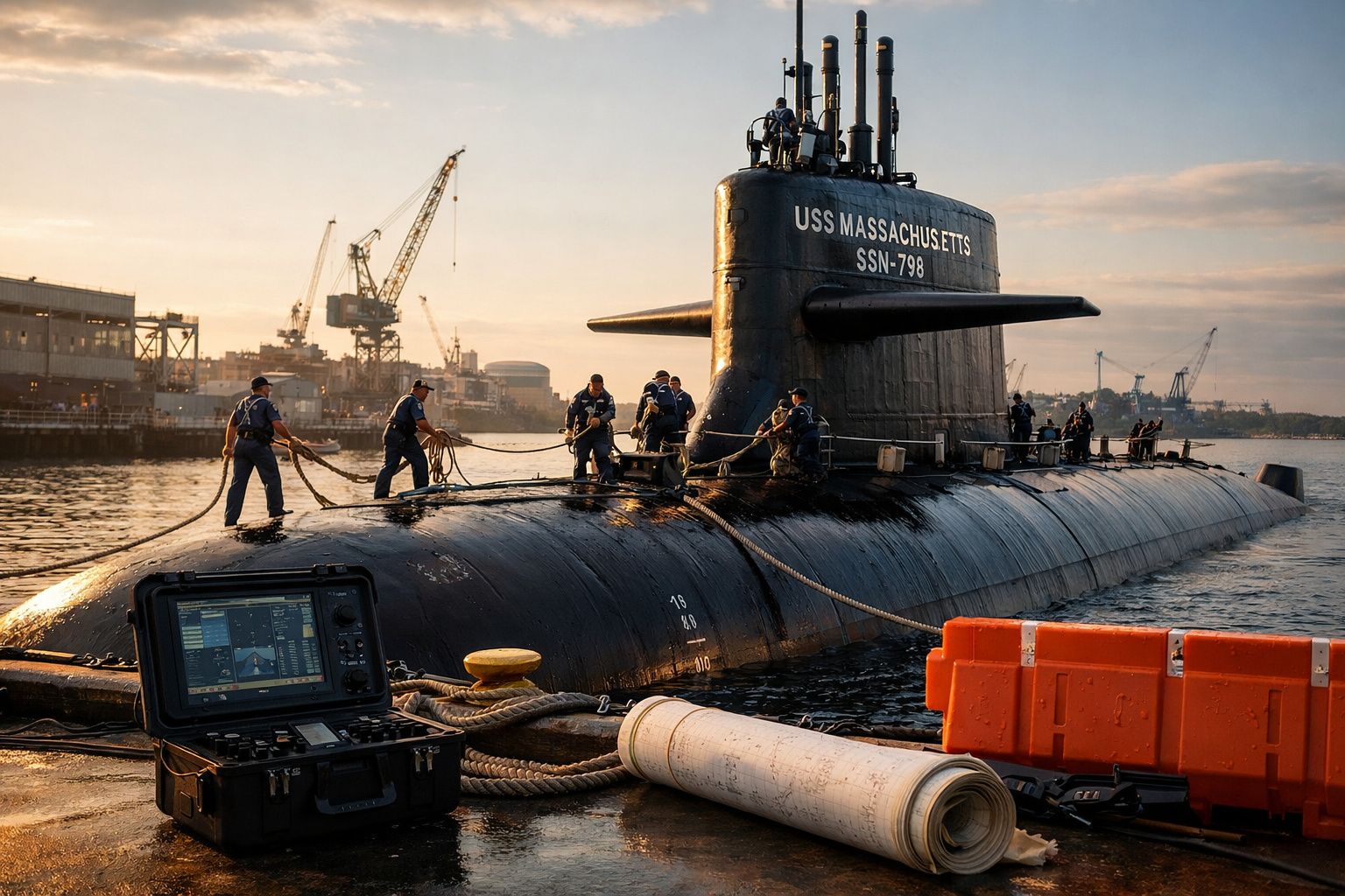 Submarino USS Massachusetts com tripulação a preparar amarras no porto ao pôr do sol.