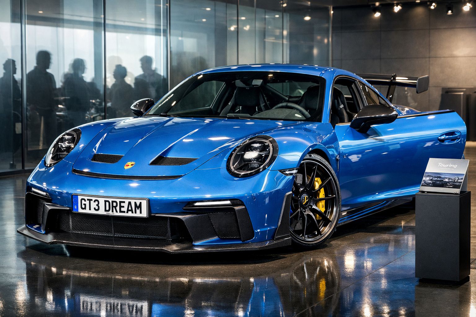 Carro desportivo azul Porsche GT3 com porta do condutor aberta em exposição interior moderna.