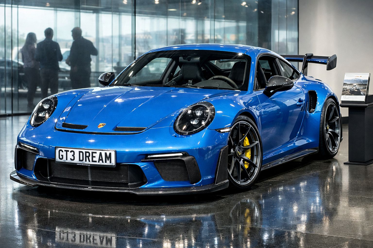 Carro desportivo azul Porsche 911 GT3 RS em exposição interior com detalhes amarelos nas travões.