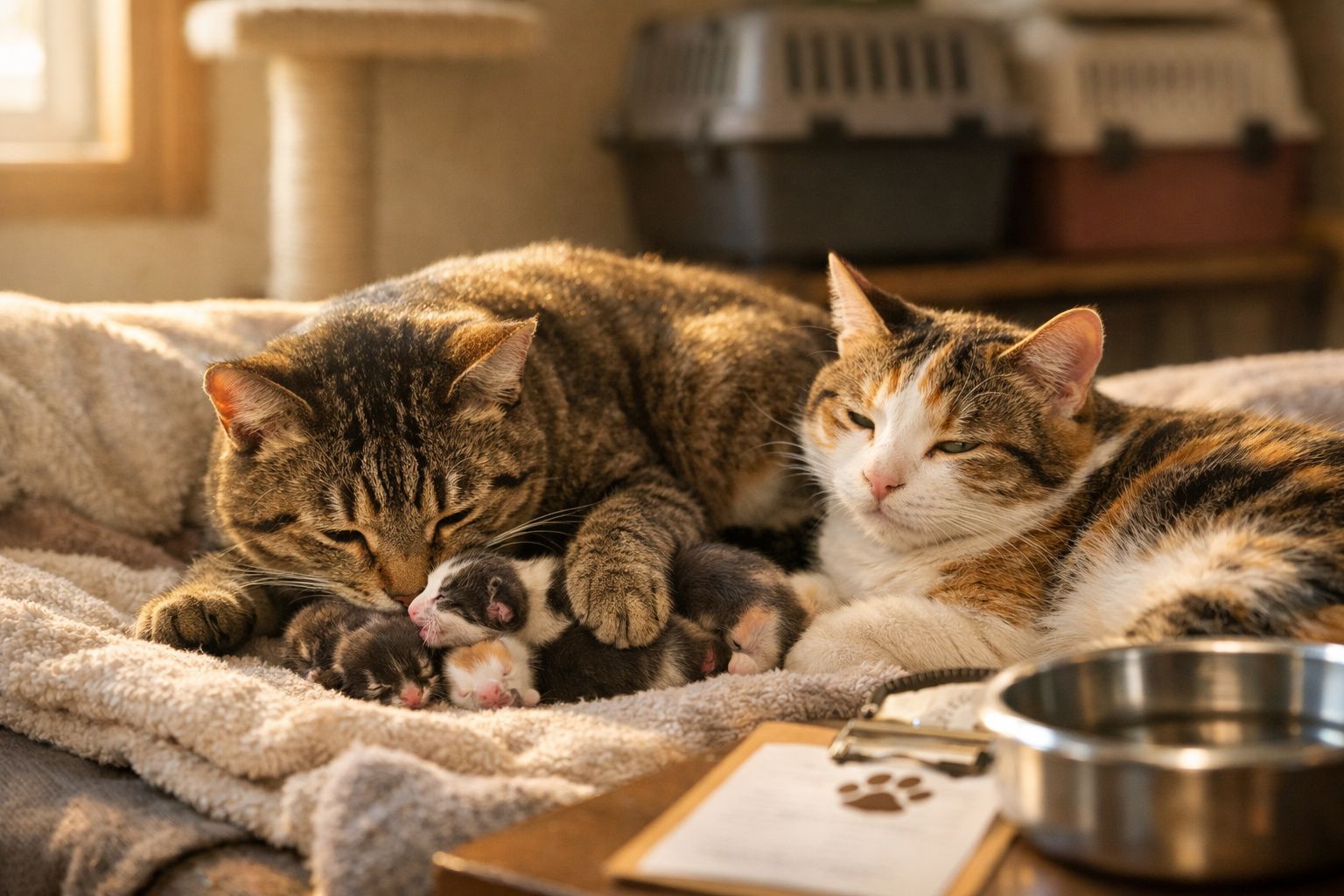 Gato e gata a aconchegar quatro gatinhos recém-nascidos numa manta suave perto de um comedouro metálico.