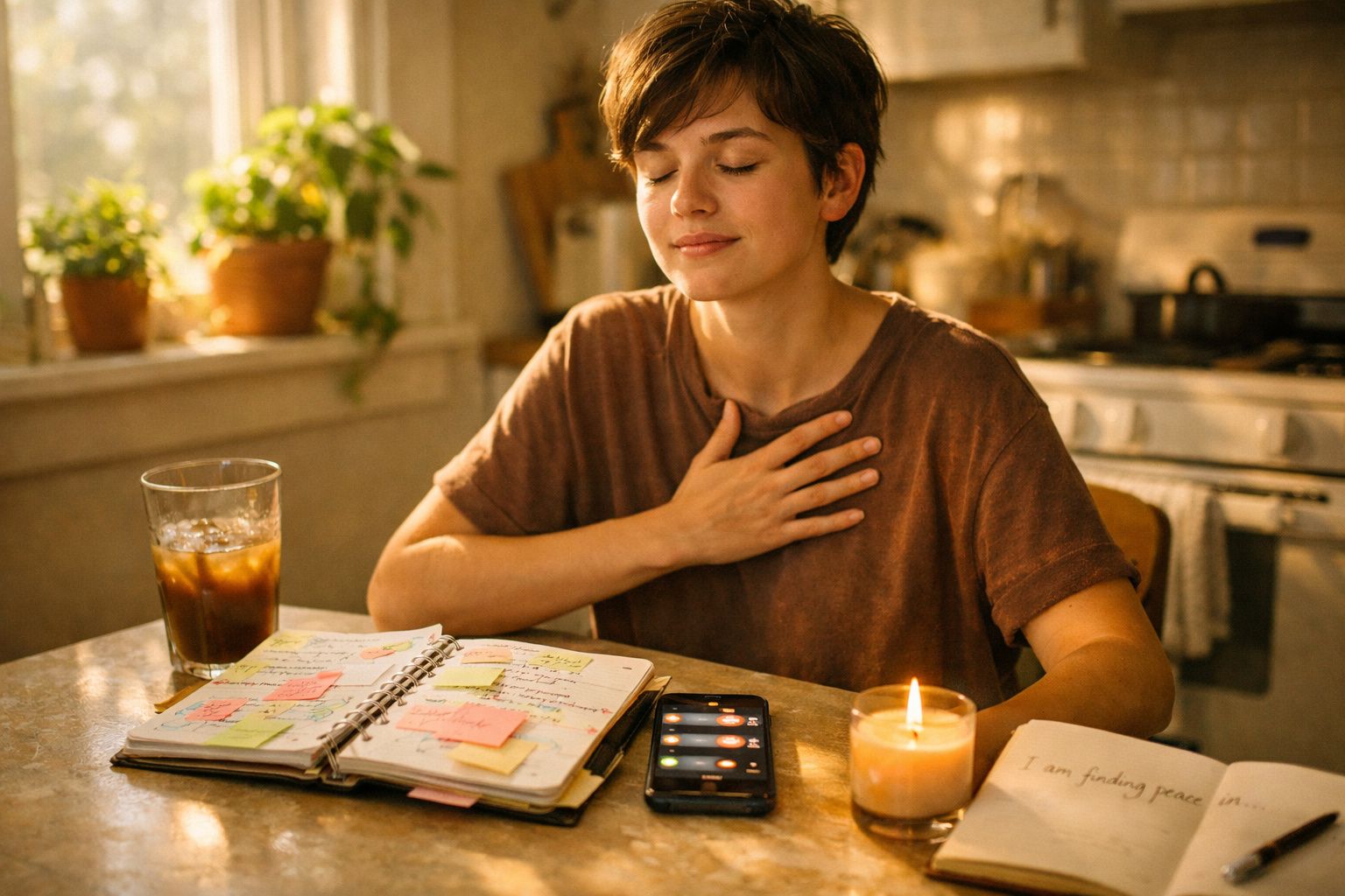 Mulher jovem sentada à mesa com caderno, telemóvel, vela acesa e olhos fechados em momento de reflexão.