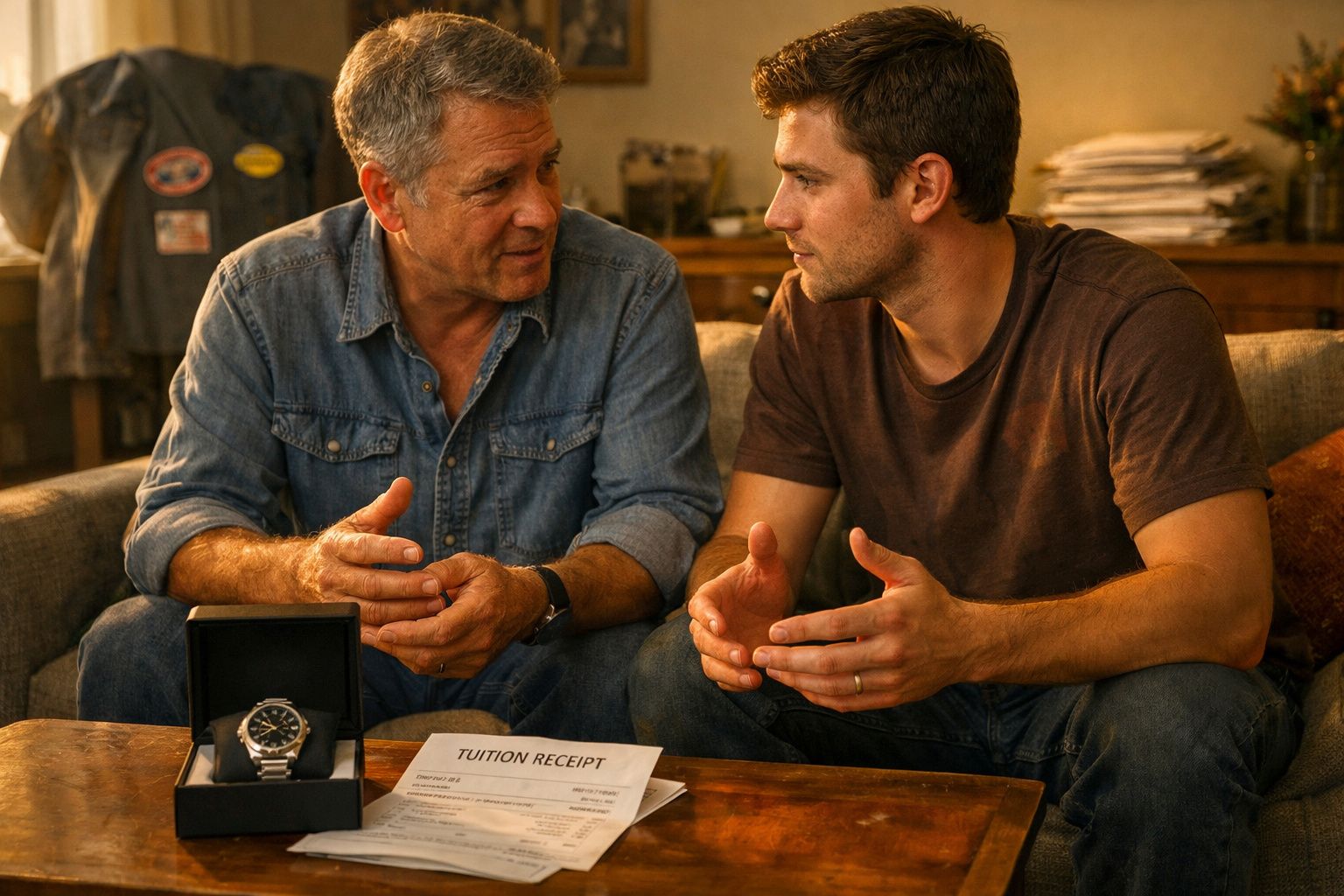 Homem mais velho e homem mais novo sentados no sofá com relógio e recibos numa mesa à frente.