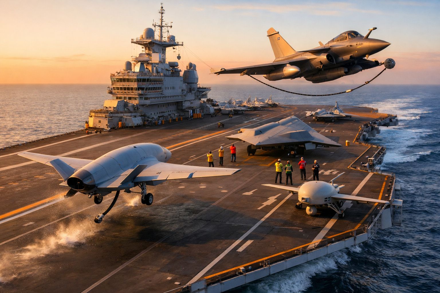 Porta-aviões militar com drones e avião de caça durante operação marítima ao pôr do sol.