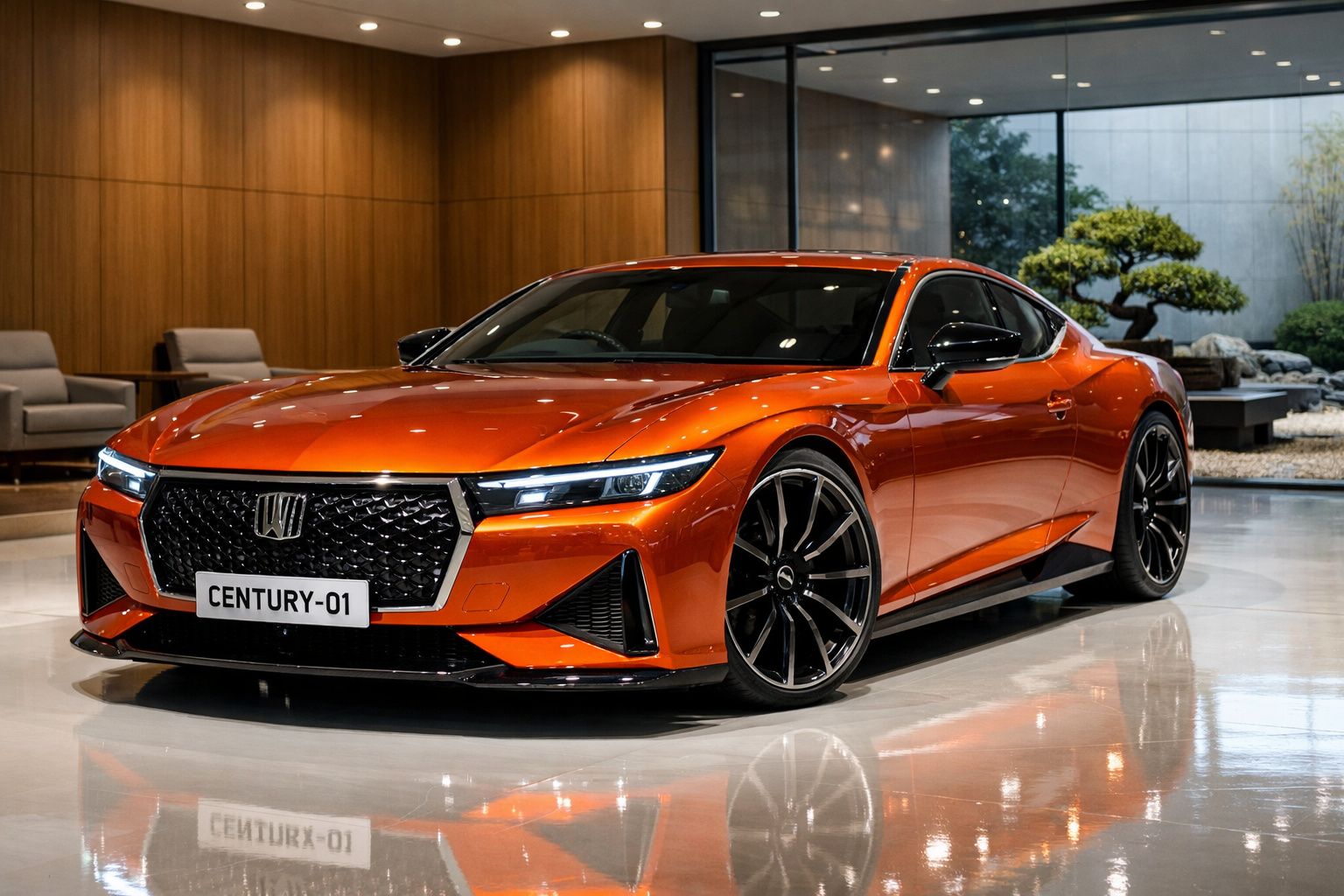 Automóvel desportivo laranja com faróis LED e jantes negras, em ambiente interior moderno e elegante.