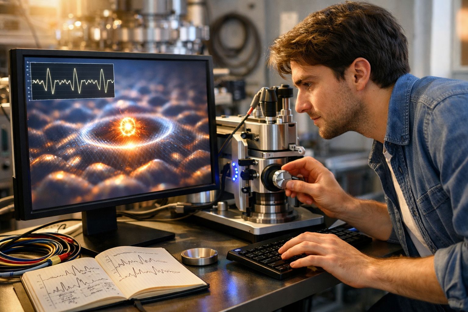 Cientista ajusta microscópio ao lado de monitor com representação gráfica de átomo e notas científicas numa mesa.
