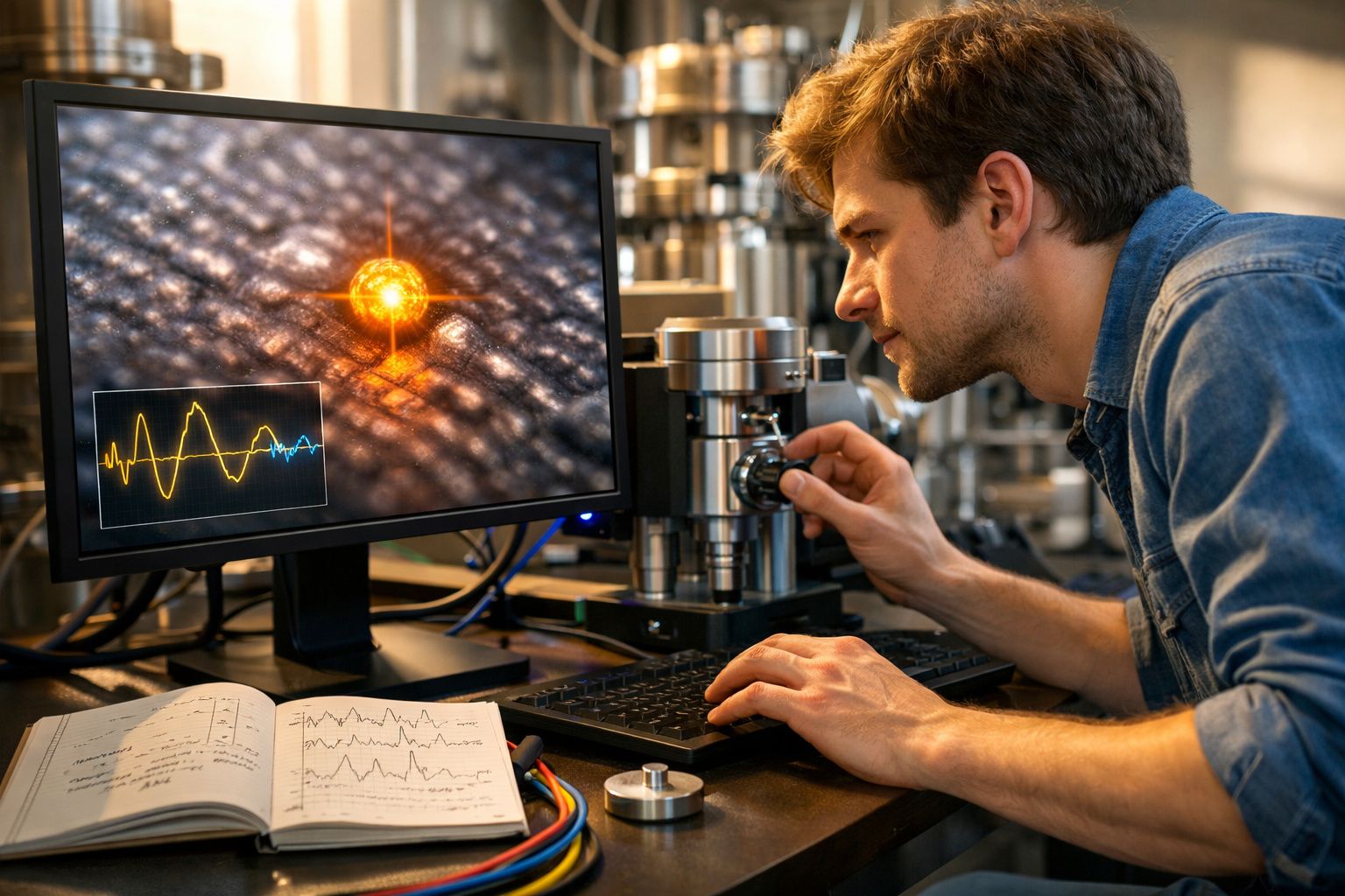 Homem a trabalhar com microscópio e computador a analisar imagem ampliada de nanopartícula brilhante.