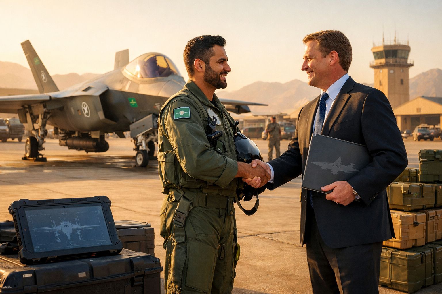 Piloto militar a apertar a mão a homem fardado de fato, com caça F-35 ao fundo em pista de aeroporto.