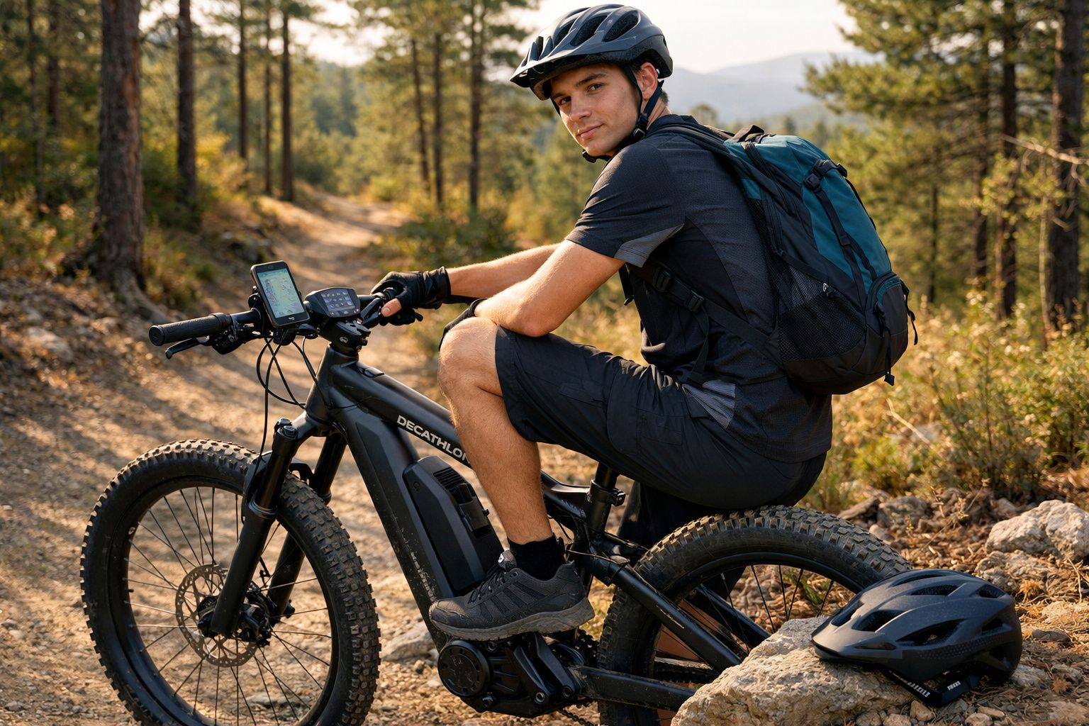 Jovem de capacete e mochila pausa numa bicicleta elétrica num trilho florestal durante o dia.