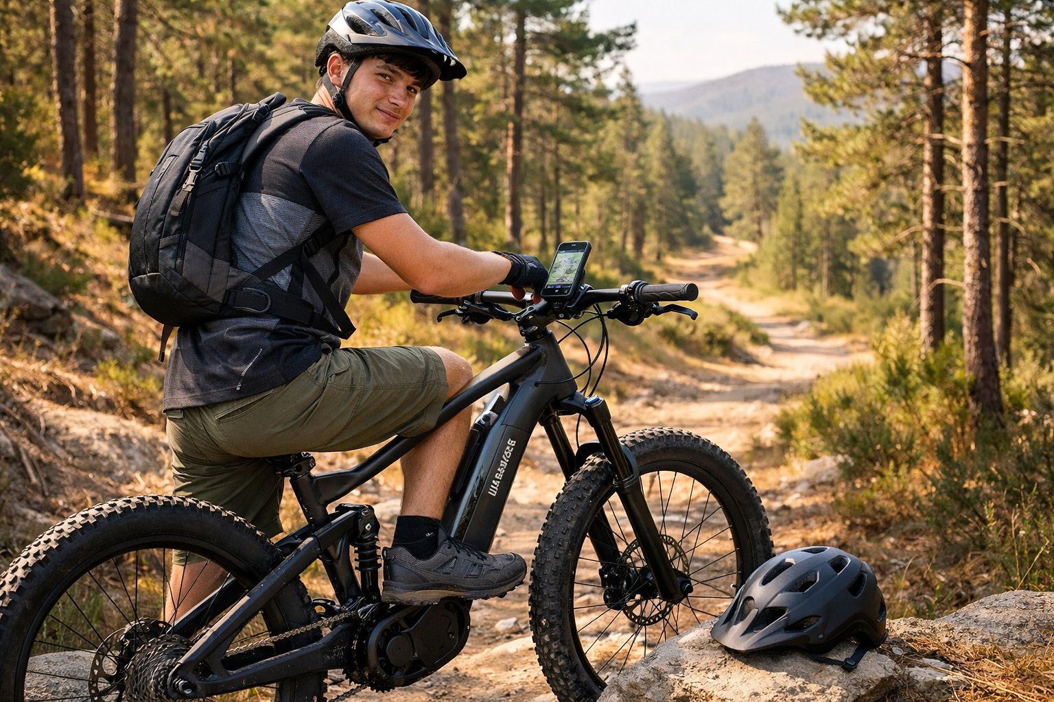 Jovem com capacete e mochila numa bicicleta elétrica de montanha em trilho florestal, com capacete no chão.