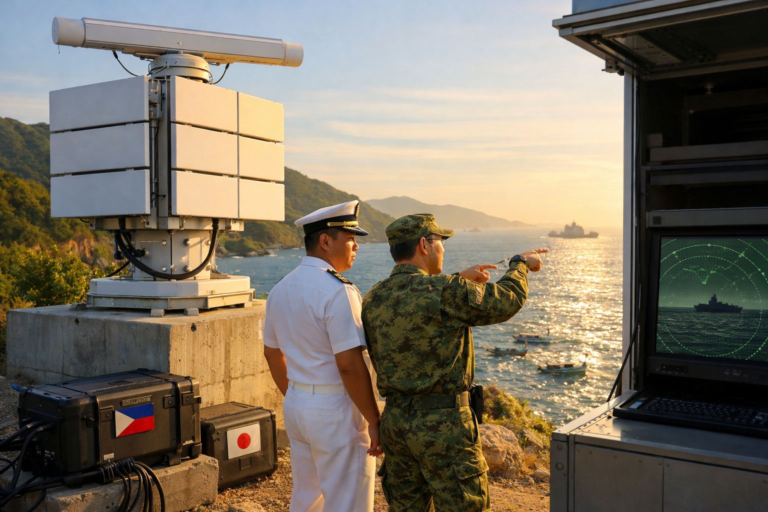 Dois militares em posto avançado costeiro observam radar e o mar ao pôr do sol, com barcos e navio ao longe.