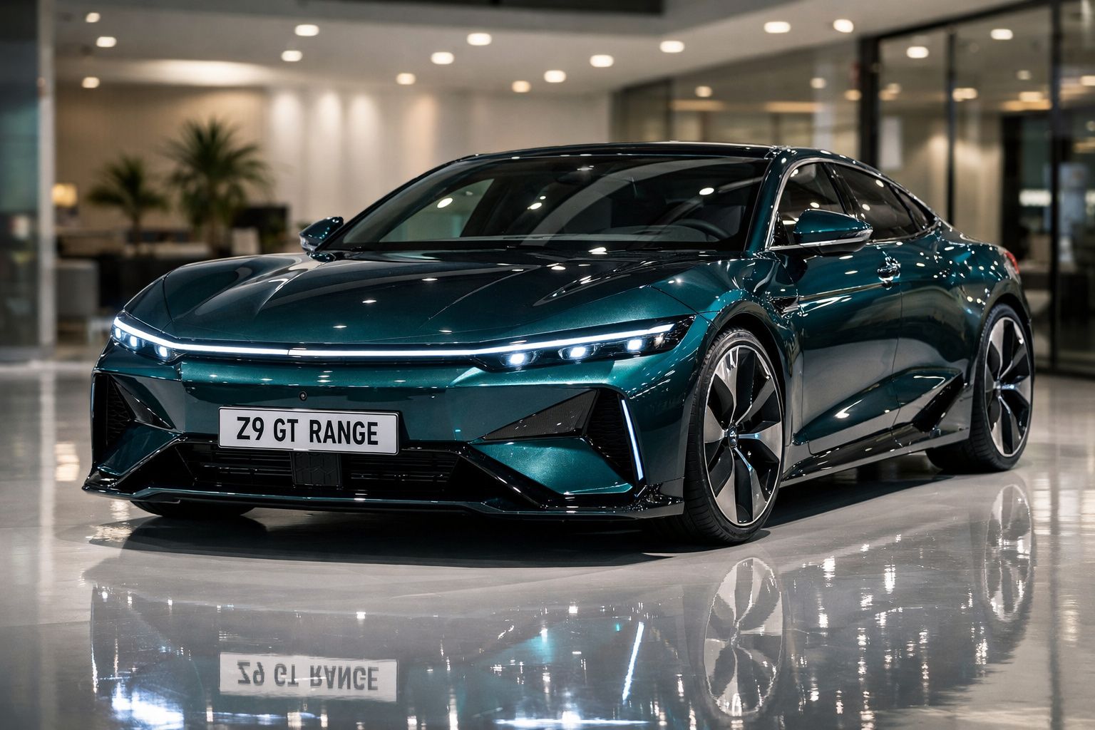 Carro elétrico desportivo Z9 GT Range verde escuro com design futurista em showroom com luzes refletidas no chão.