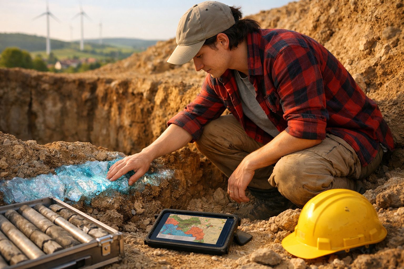 Homem com camisa xadrez examina amostras de rochas numa escavação arqueológica ao ar livre.