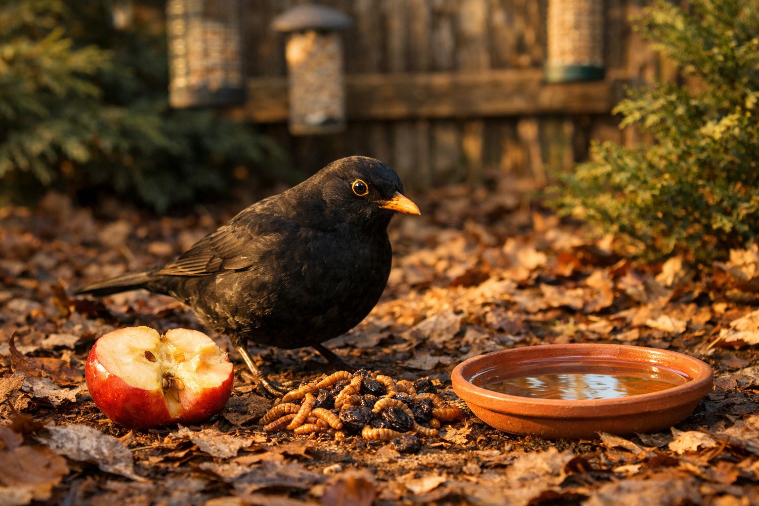 Pássaro preto com bico amarelo ao lado de meia maçã, larvas e uma taça de água em chão com folhas secas.