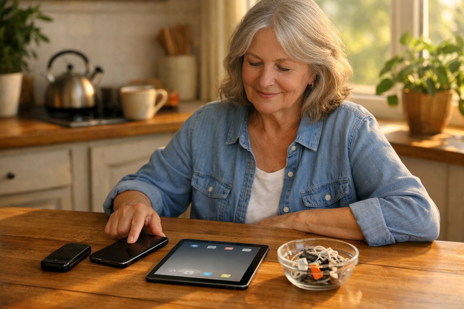 Mulher sénior sentada à mesa da cozinha a usar um tablet, cercada por dispositivos eletrónicos.