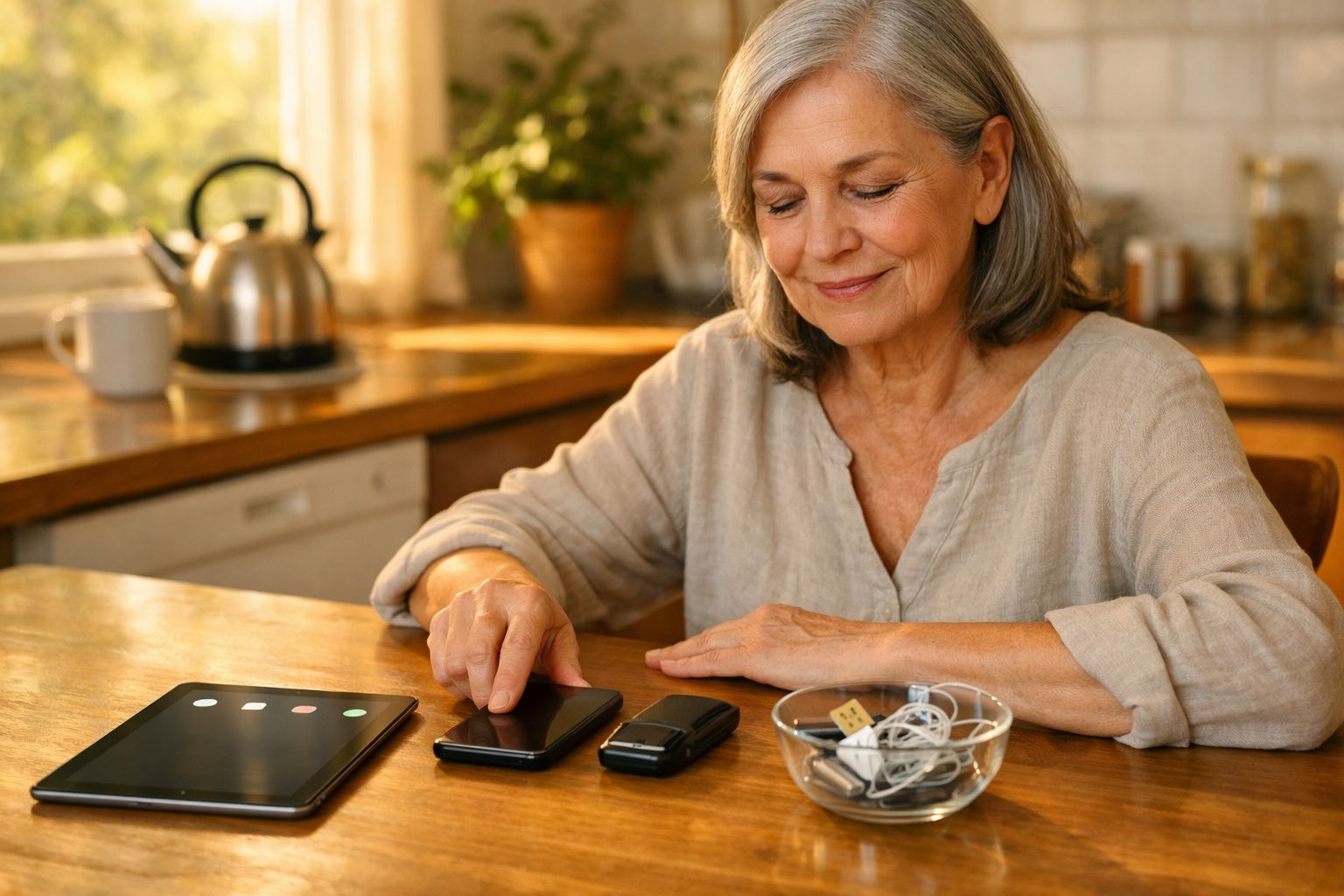 Senhora sorridente sentada à mesa de cozinha a usar um telemóvel, com tablet e auscultadores perto.
