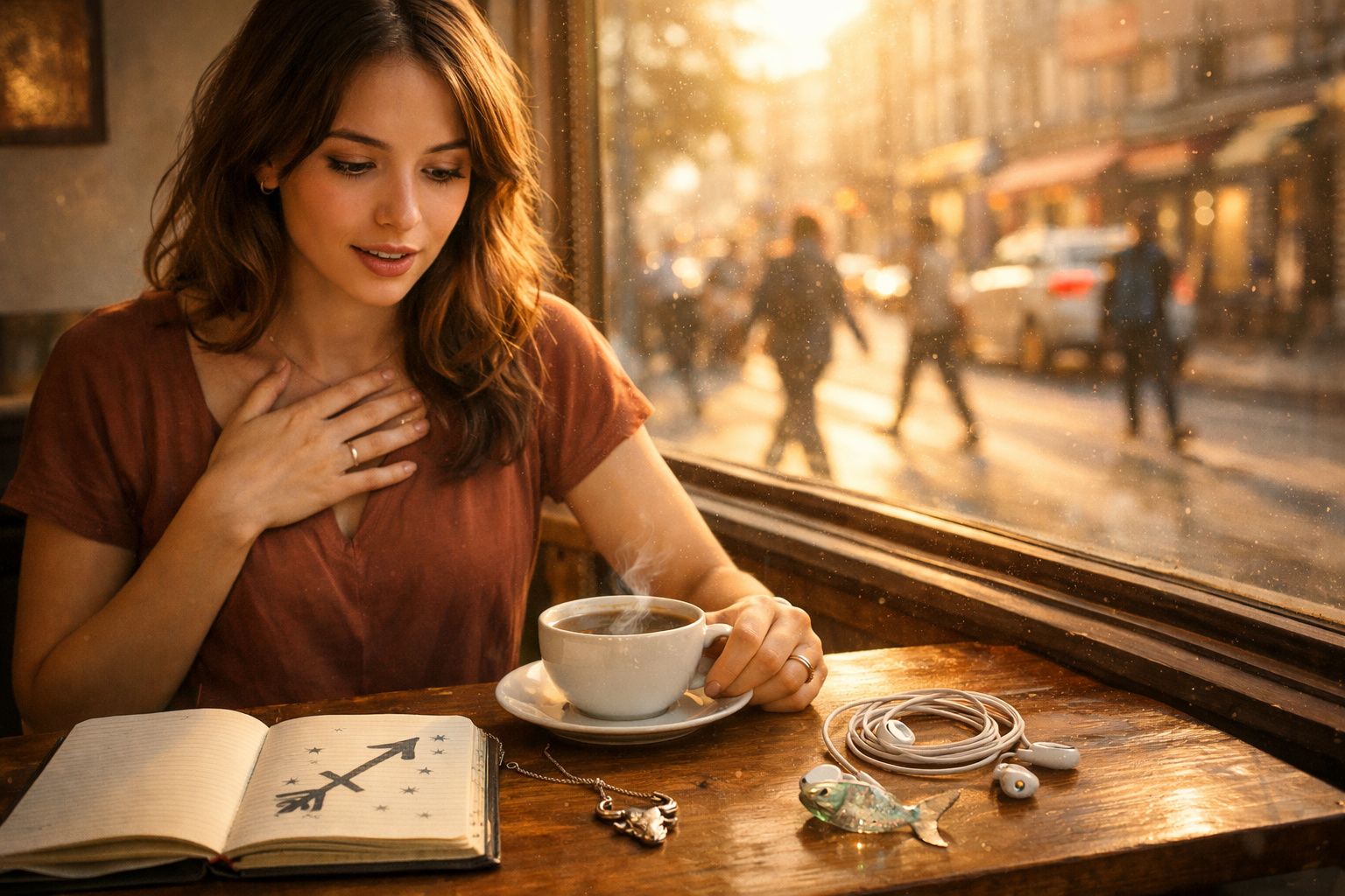 Mulher sentada numa cafetaria com chá quente e caderno aberto, a olhar pela janela numa tarde ensolarada.