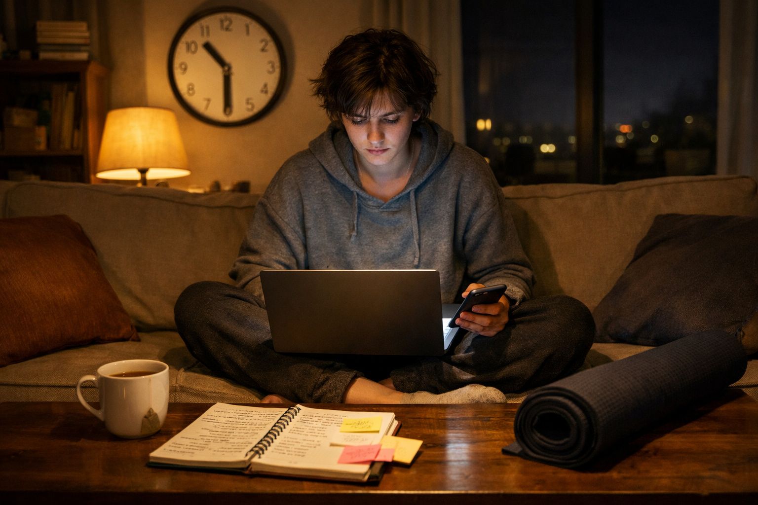 Jovem sentado no sofá à noite a estudar com portátil, telemóvel, caderno, chá e tapete de yoga à frente.