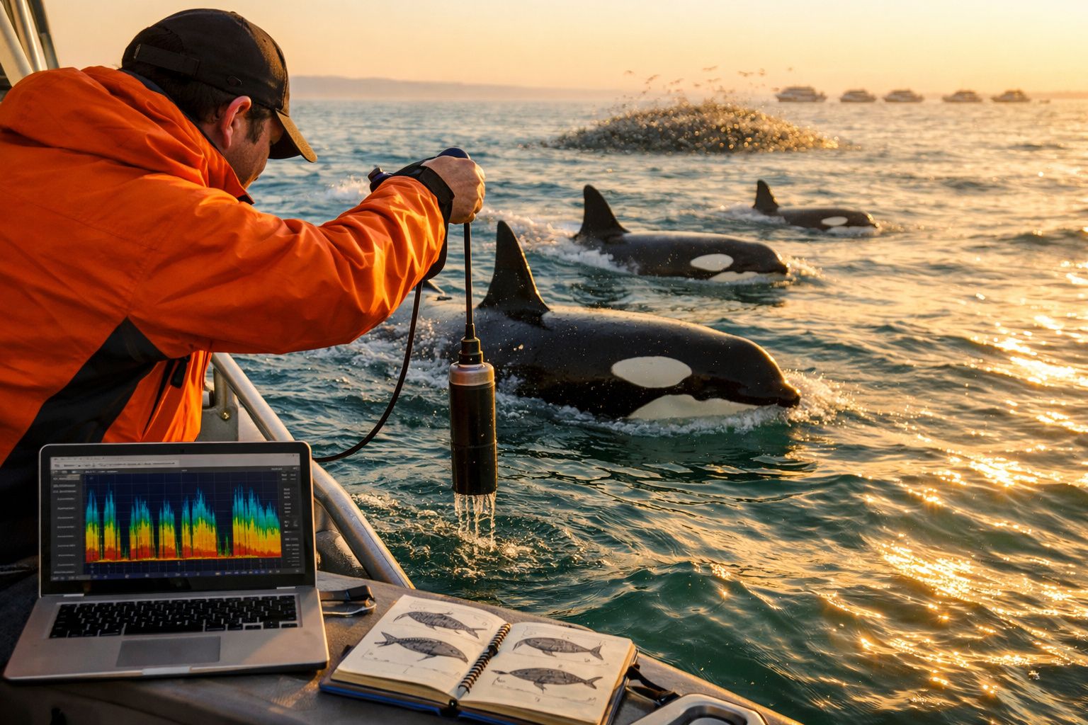 Investigador num barco coleta dados acústicos junto a orcas no mar ao pôr do sol.