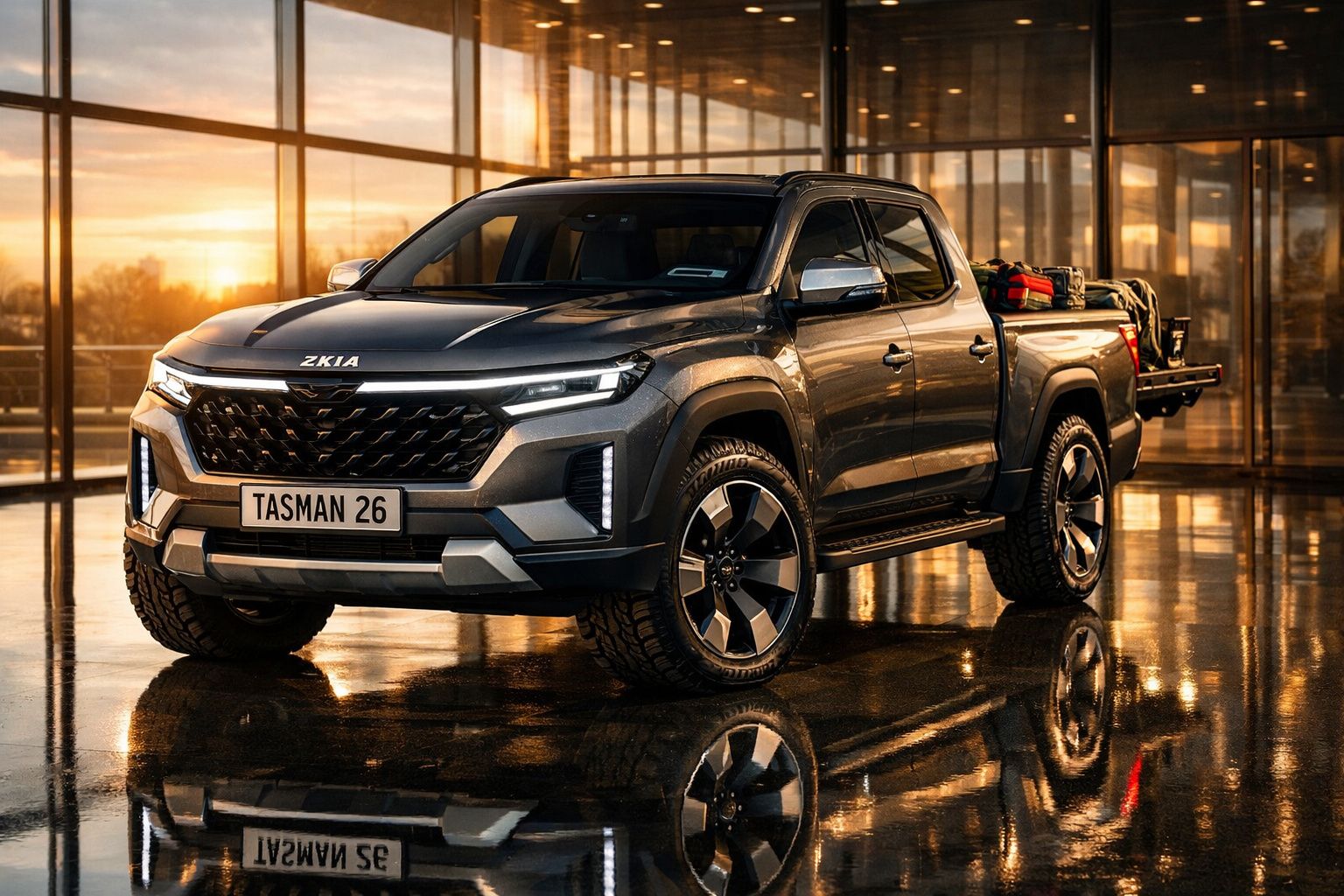 Pick-up moderna cinzenta estacionada em interior com grande vidro e luz de pôr do sol refletida no chão.