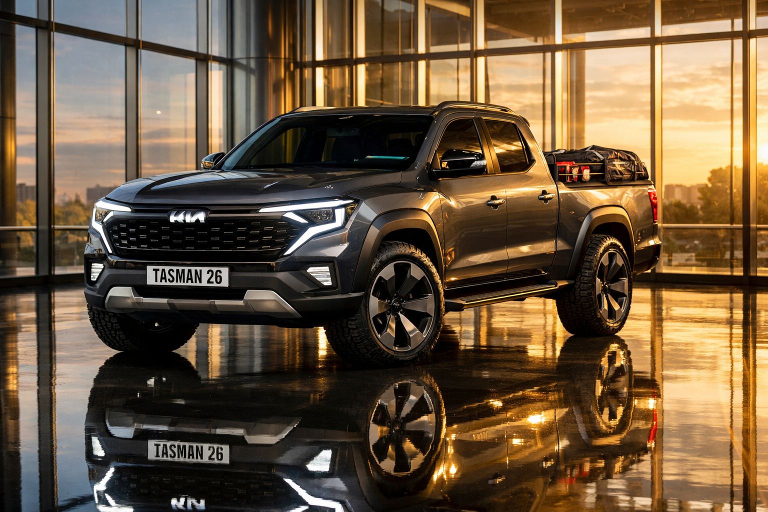 Pick-up Kia cinzenta com faróis acesos num espaço interior com luz do pôr do sol refletida no chão.