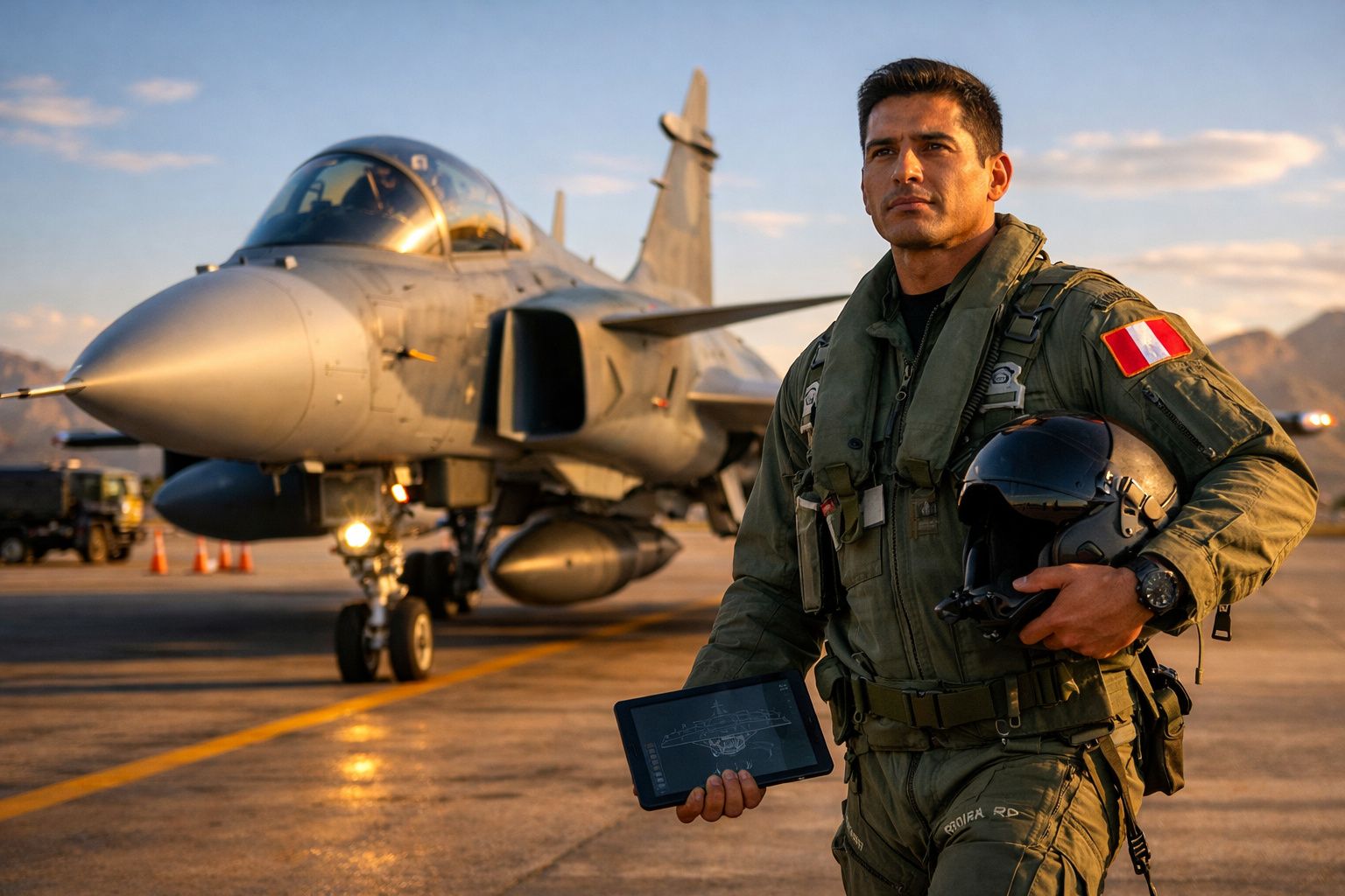 Piloto militar com farda e capacete na mão, junto a jato de combate estacionado no aeroporto ao pôr do sol.