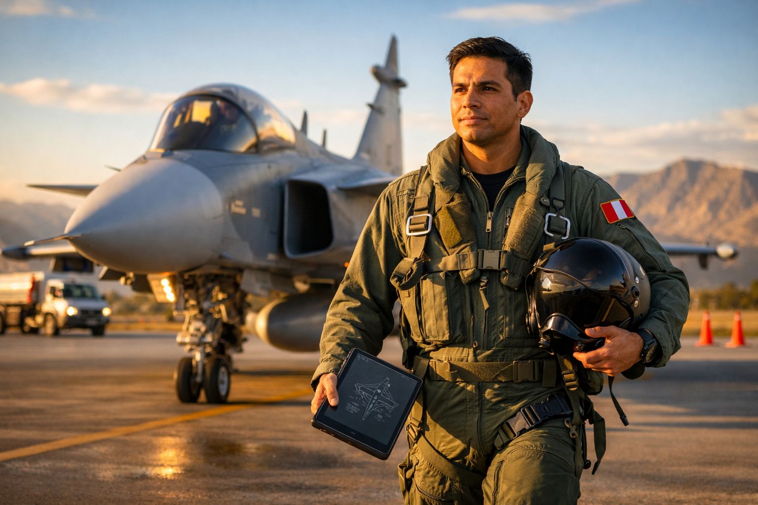 Piloto de caça peruano com fato de voo camuflado segurando capacete junto a jato militar ao pôr do sol.
