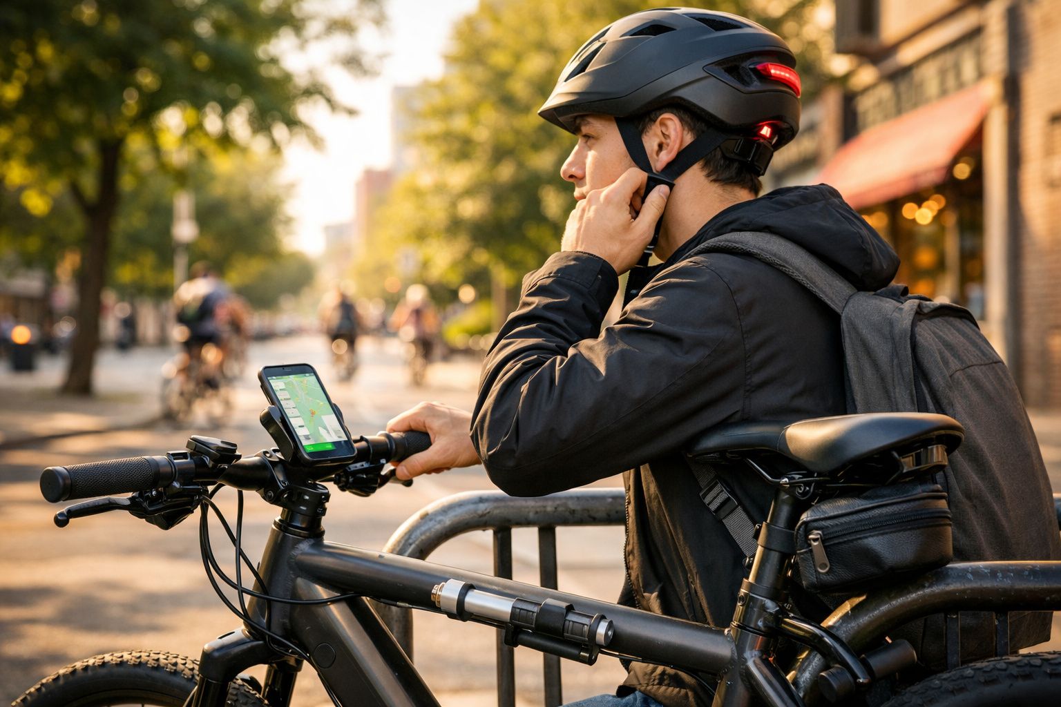 Ciclista com capacete e mochila consulta mapa num telemóvel montado numa bicicleta, num passeio urbano.