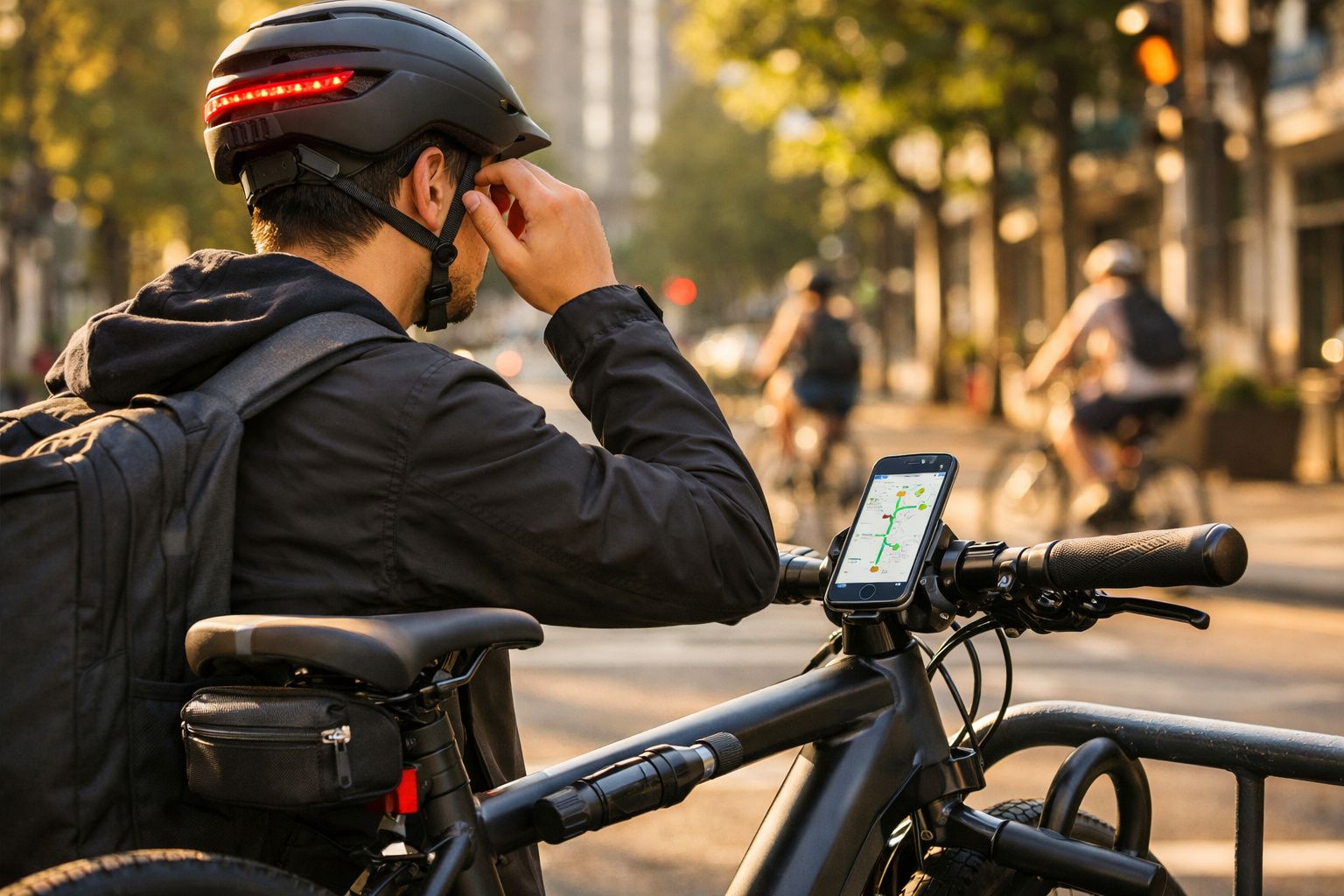 Homem de capacete ajusta óculos junto a bicicleta com GPS, em ciclovia urbana ao entardecer.