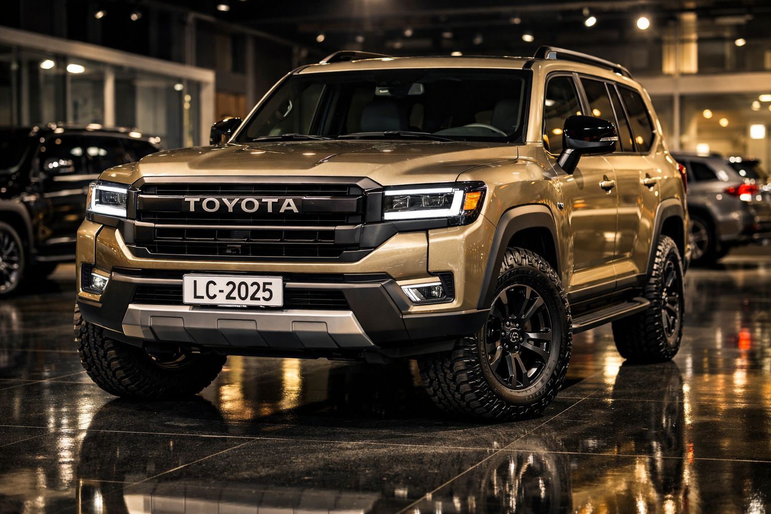 SUV Toyota Land Cruiser dourado estacionado à noite com faróis ligados em pavimento molhado.