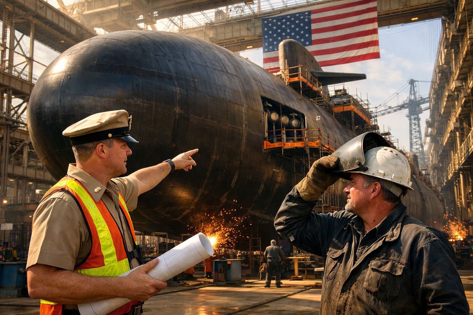 Dois trabalhadores com capacete e colete em estaleiro naval, com submarino e bandeira dos EUA ao fundo.