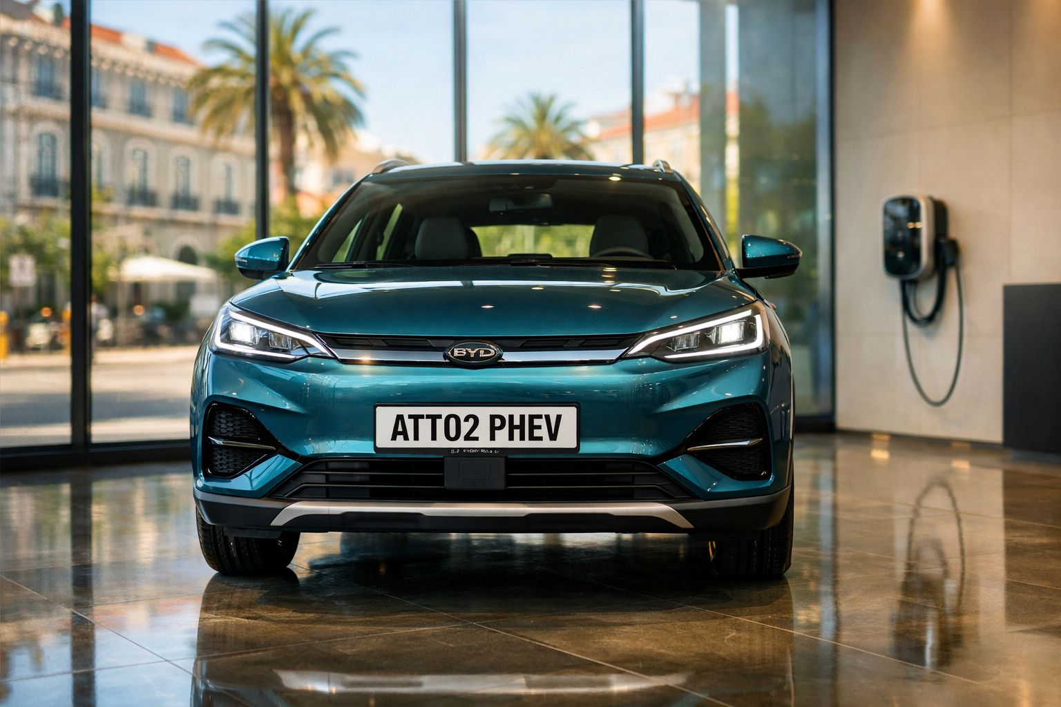 Carro elétrico BYD ATTO 2 PHEV azul exibido em ambiente interior moderno com chão refletor.